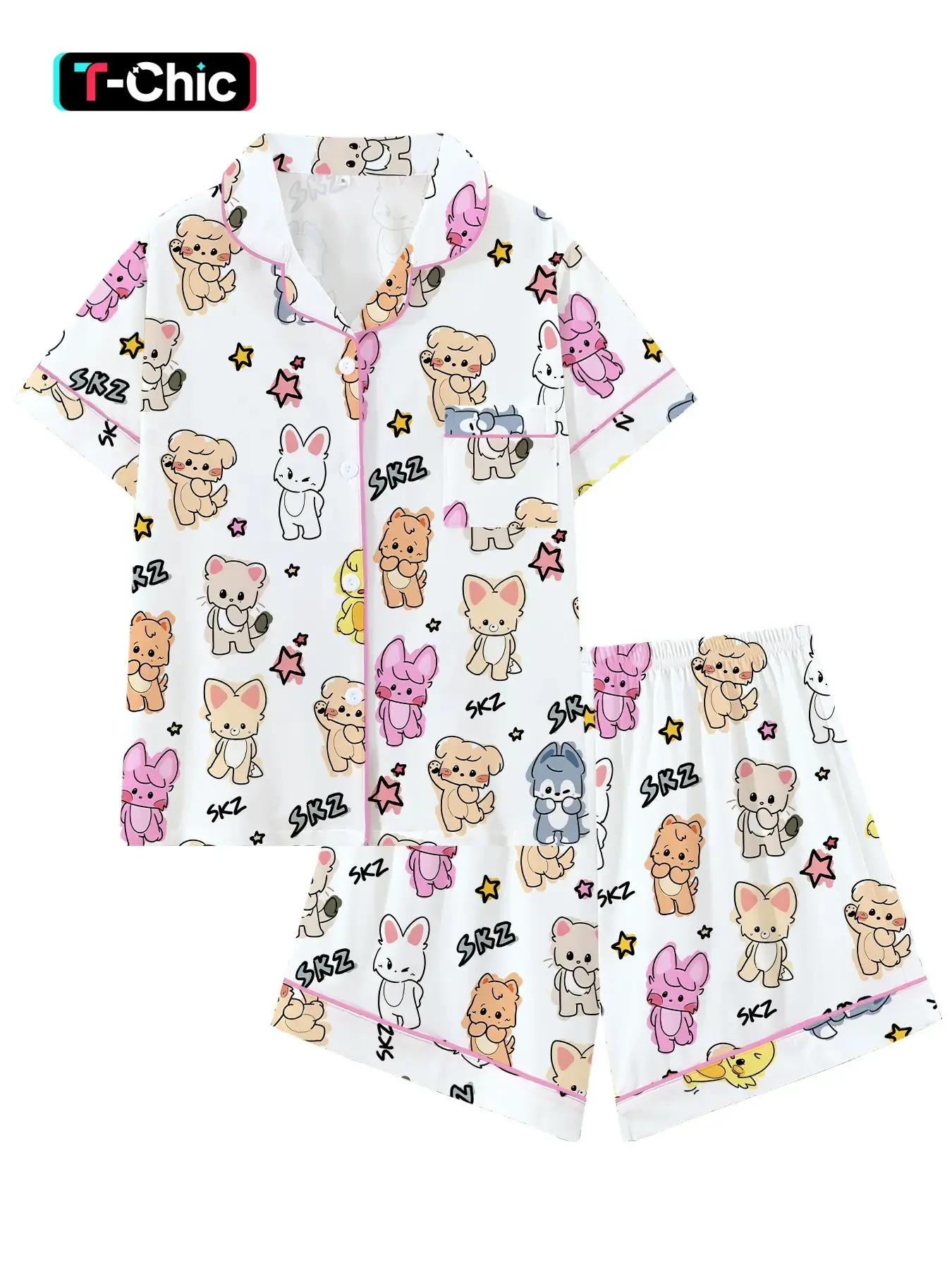 Women's Cute Animal Idol Korean Style Cartoon Print Pajamas, Short Sleeve Open Front Two-Piece Set, Loose-Fit Home Wear Loungewear