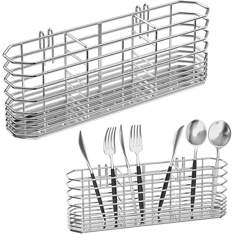 304 Stainless Steel Utensil Holder, Dish Drying Rack, Kitchen Utensil Organizer, Knife and Fork Draining Rack, Kitchen Drainage Basket Accessories, with Hooks, Rustproof, Color-Silvery