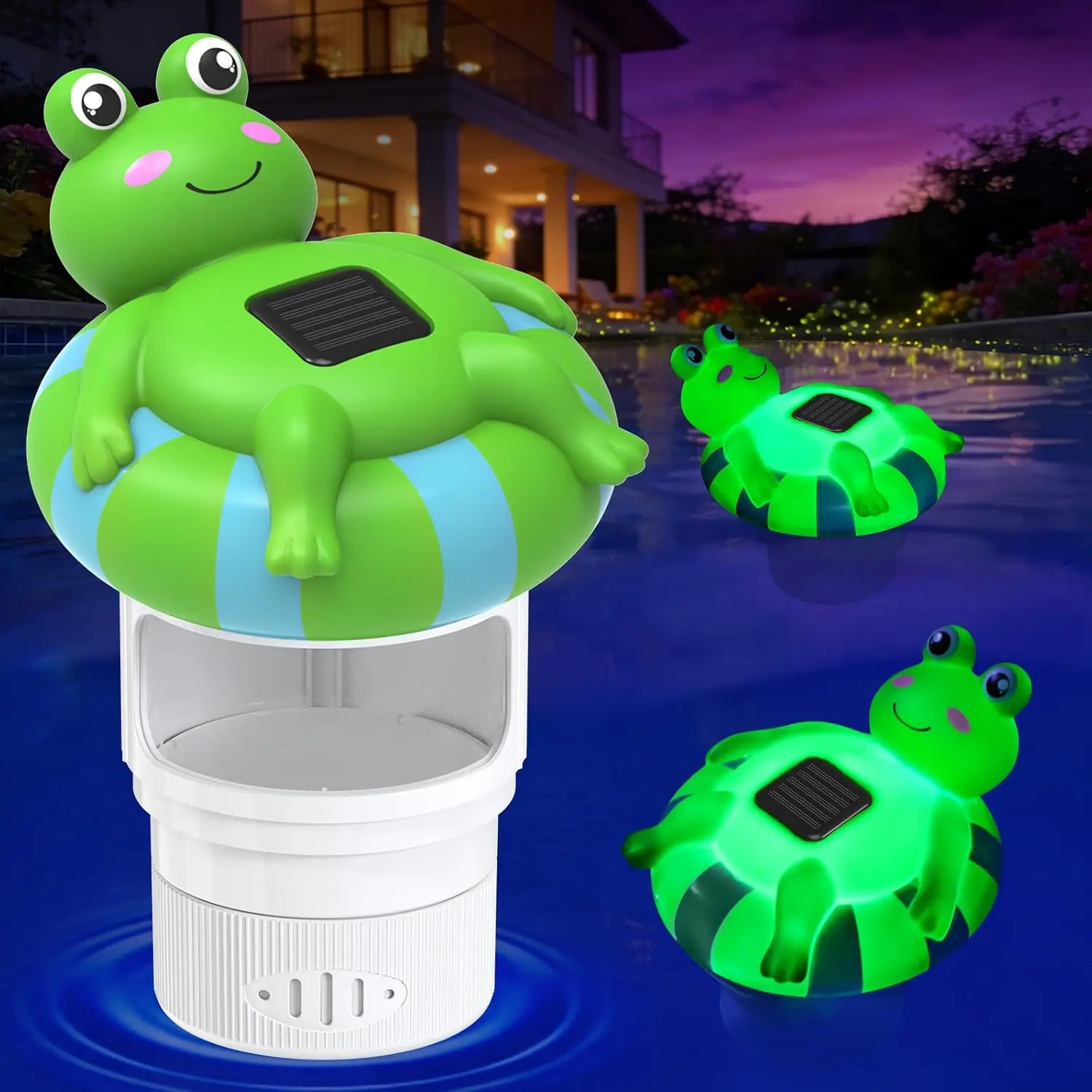 Pool Chlorine Floater - Flamingo Design with LED Light, Glow in Dark, Blue-Green, 9 Inch
