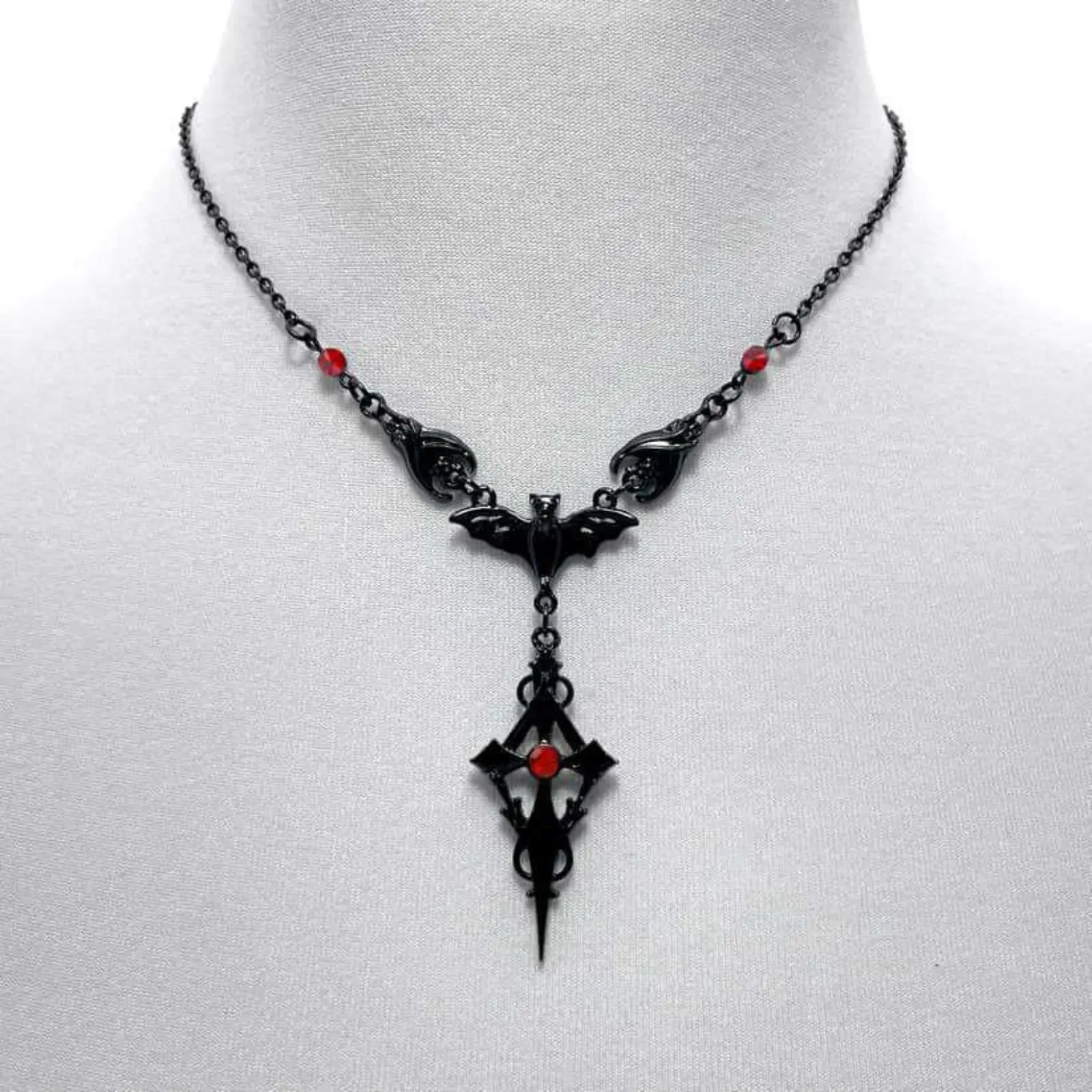 Gothic Bat Cross Dagger Pendant Necklace, Black Metal Red Crystal Vampire Neck Chain, Dark Punk Halloween Alt Jewelry for Women