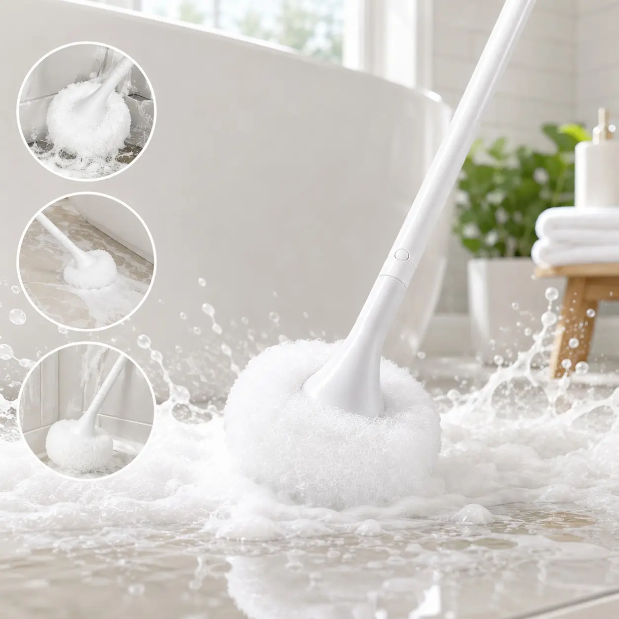 2in1 Bathroom Cleaning Brush with Built in Hair Remover, Long Handle Tub & Tile Scrub Brush, Soft Non-Scratch Microfiber PP Bristles for Bathtubs, Showers, Tiles, Sinks, Floors & Hard-to-Reach Gaps, Bathroom Scrubber, Bathroom Cleaning Tool
