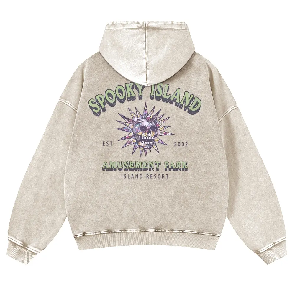 Vintage Sand Washed Spooky Island Hoodie | Unisex Retro Disco Ball Skull Graphic Oversized Sweatshirt Y2K Grunge Aesthetic Heavyweight Pullover Hoody