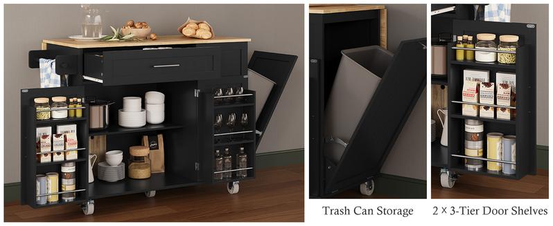 Kitchen Island with Storage, 31.5" D Rolling Kitchen Cart on Wheels with Widen Drop Leaf Rubberwood Top, Large Mobile Kitchen Island with Trash Can Storage and Towel Bar, Black