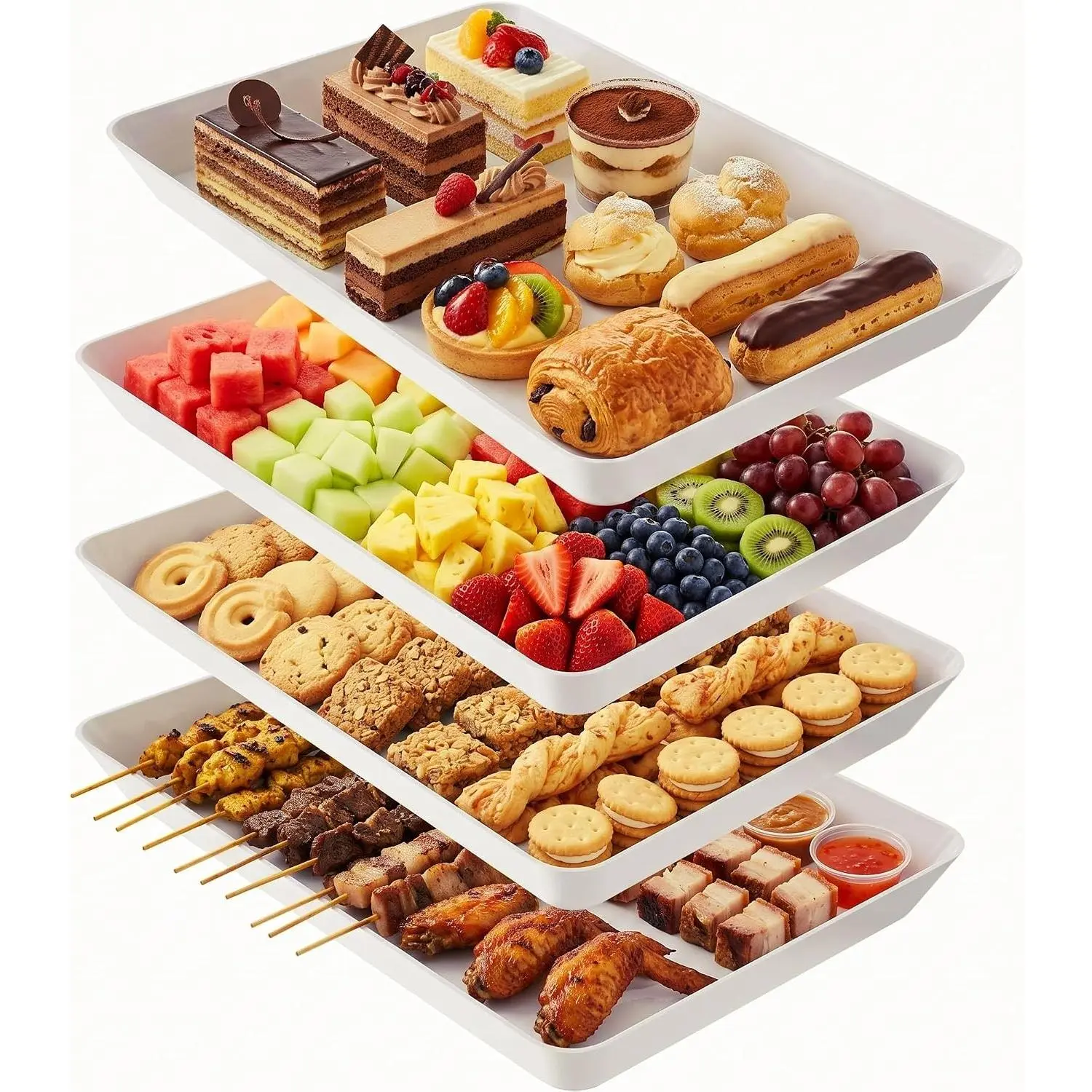 4 Pack White Rectangular Plastic Serving Trays, Reusable Stackable Food Platters for Parties, Entertaining, Camping, Kitchen Food Display, Appetizer & Cookie Serving