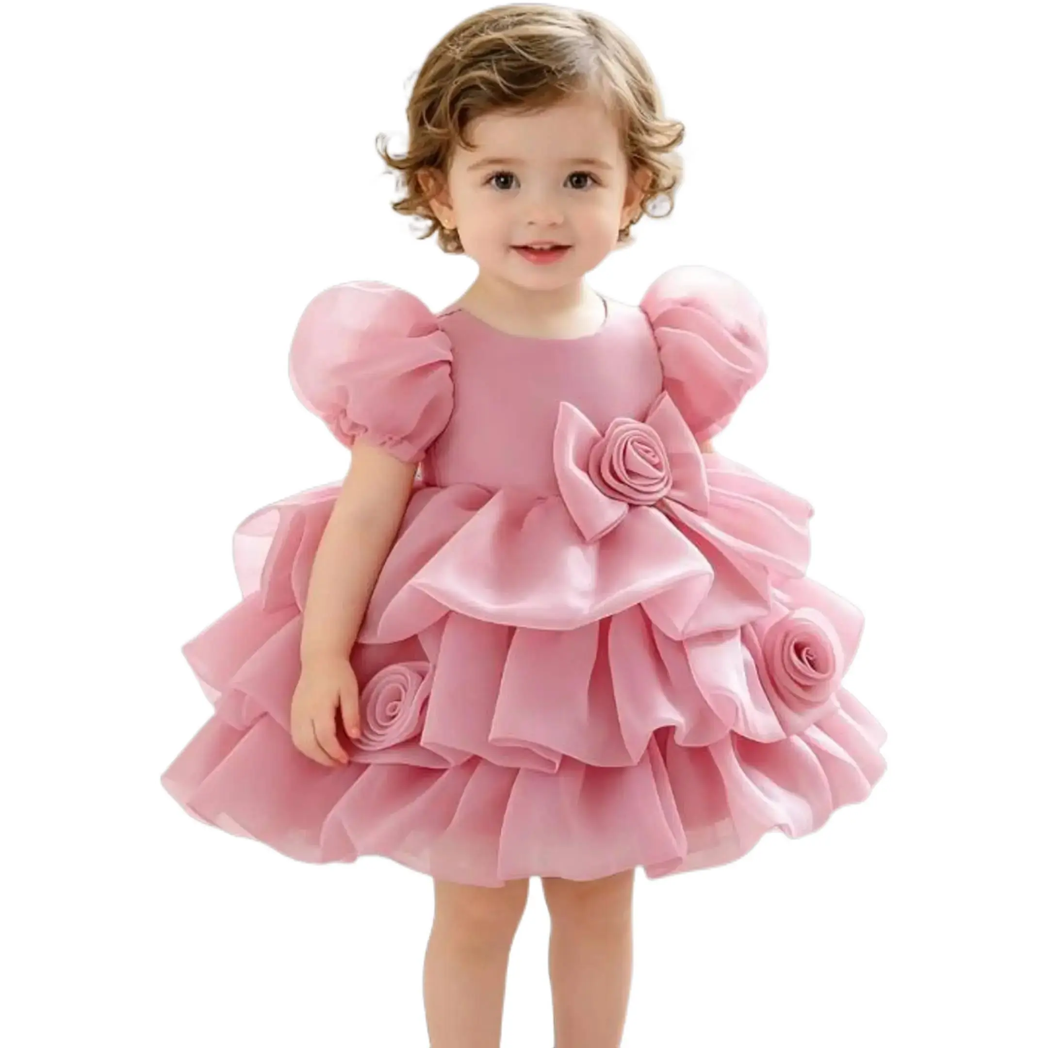 White Pink 3D Flower Baby Girl Dress Christening Baptism Party Gown Toddler Puffy Outfit 6 Months to 3 Years All Season Princess Cocktail Pageant Attire