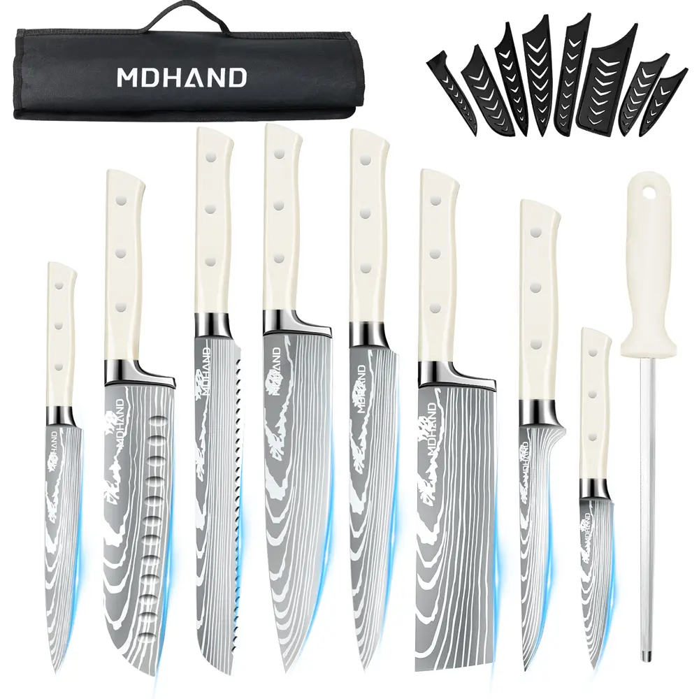 9PCS Kitchen Knife Set, MDHAND Chef Knife with Roll Bag, Professional Knife Set with Sharpener, High Carbon Stainless Steel Japanese Kitchen Knife Set - Forged Triple Rivet Handle, Dishwasher Safe, Chef Gifts