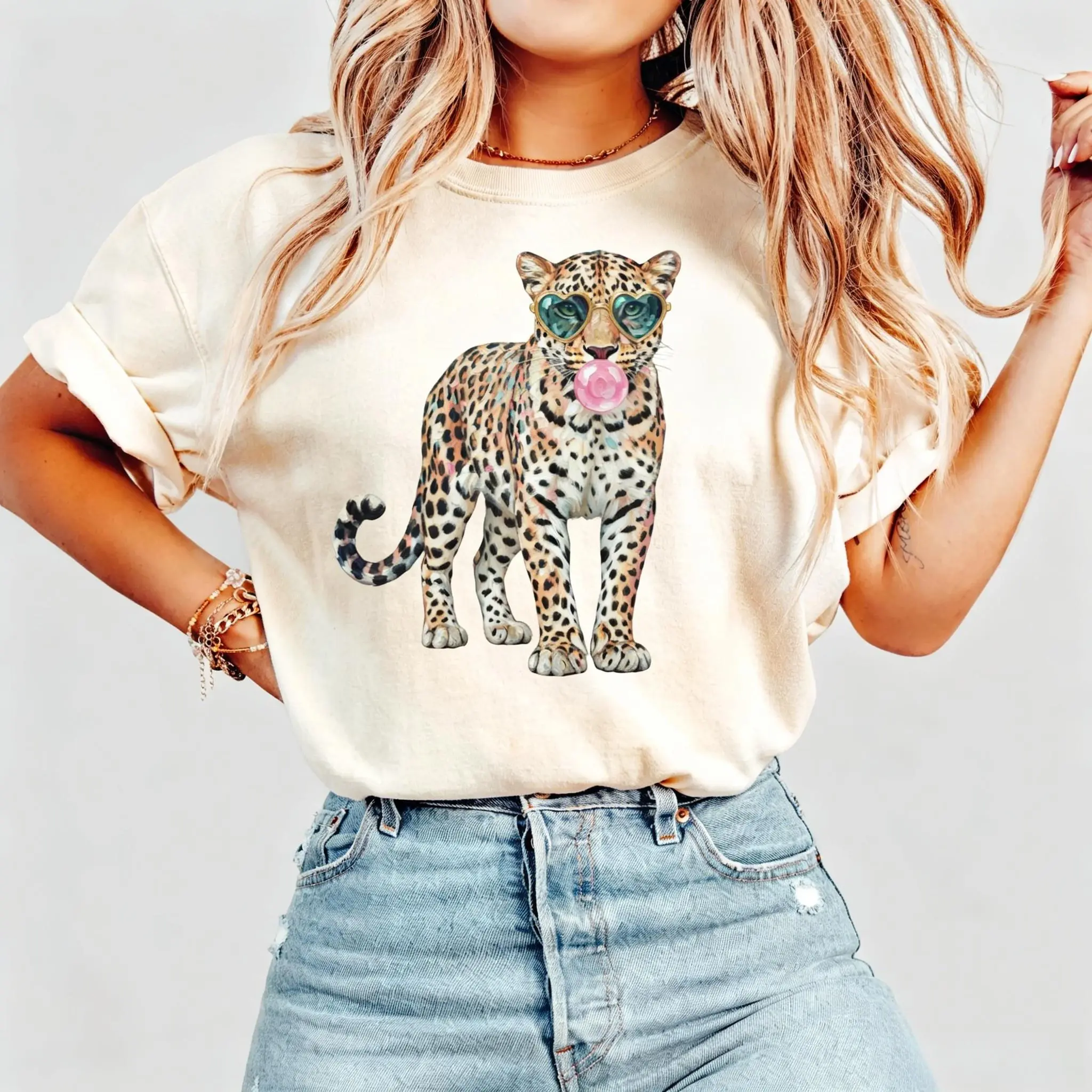 Women's Leopard Graphic Short-Sleeve T-Shirt, Preppy Streetwear Comfy Cute Animal Print Top, Shortsleeve, Tshirt,back to school,back to school shopping, Lady, Graphic Shirts