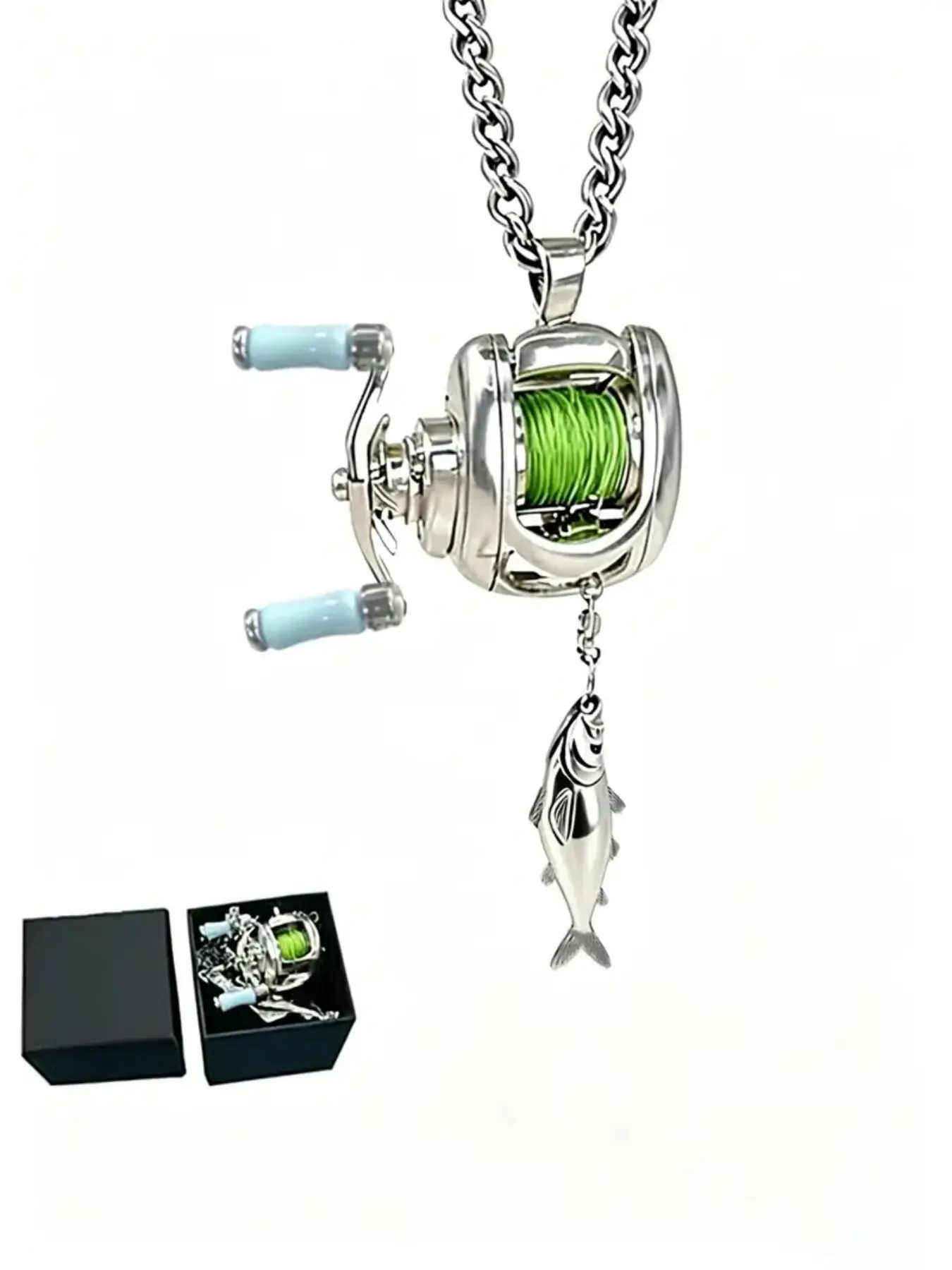 Miniature fishing reel stainless steel necklace with rotating handle and movable line guide ring, spinning reel fishing gear keychain, spinning reel pendant, Trendy Charms Necklace, All Seasons, perfect for fishing enthusiast