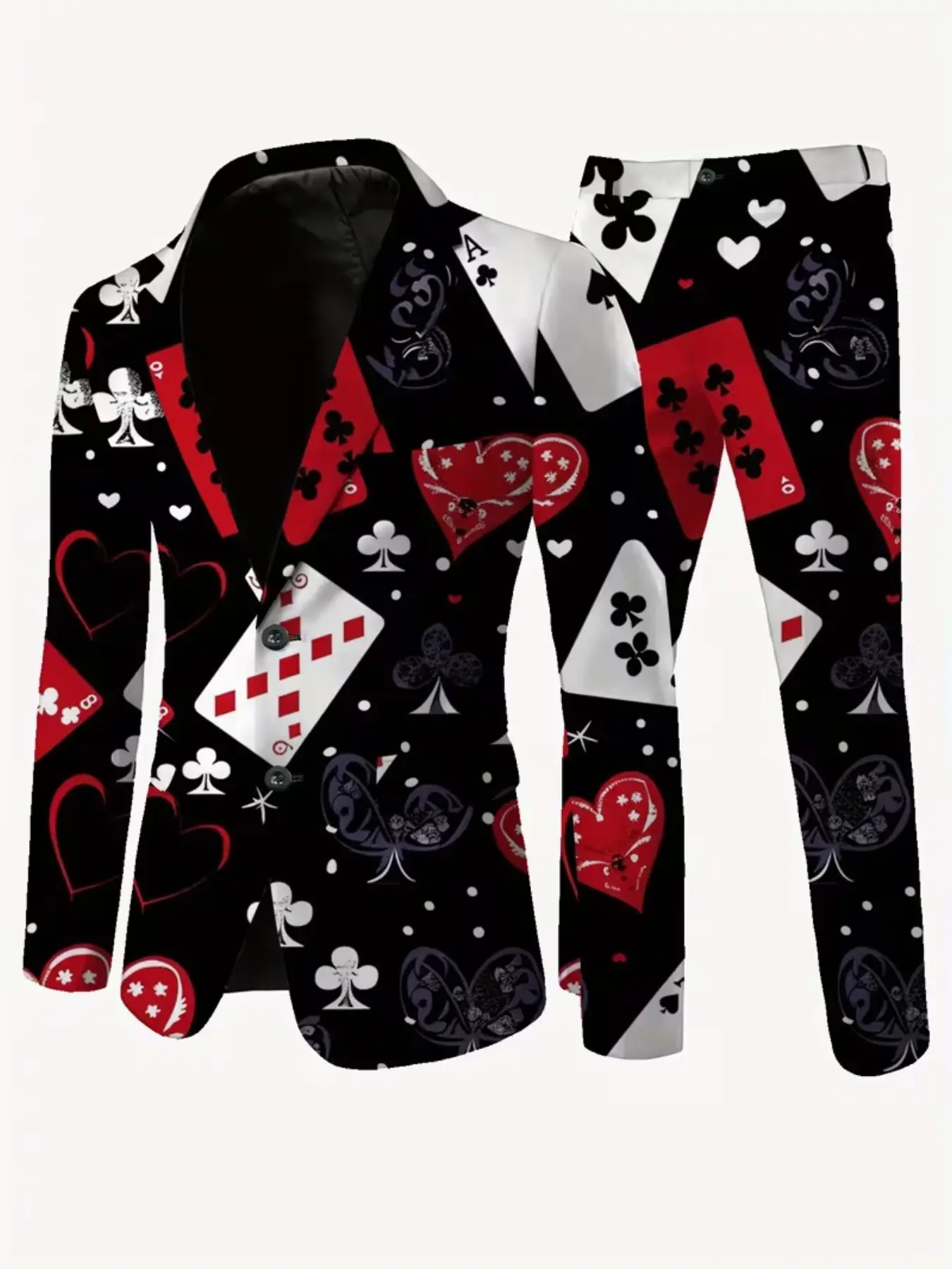 Men's Poker Print Blazer Set, Base Floral Design, Slim-Fit Jacket and Pants, Casino Theme Party Halloween Costume