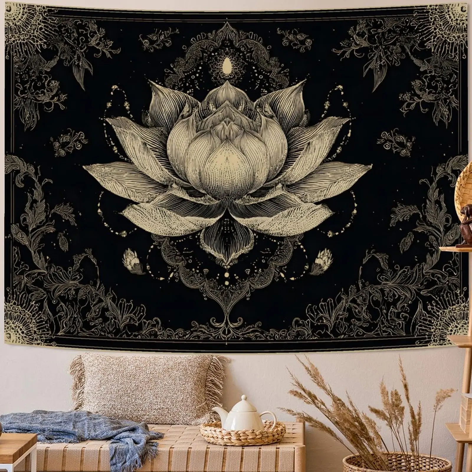 Boho Floral Mandala Tapestry for Bedroom Bohemian Flower Wall Tapestry Aesthetic Large Watercolor Beige Hippie Indian Tapestries Wall Hanging for Living Room Dorm Decor