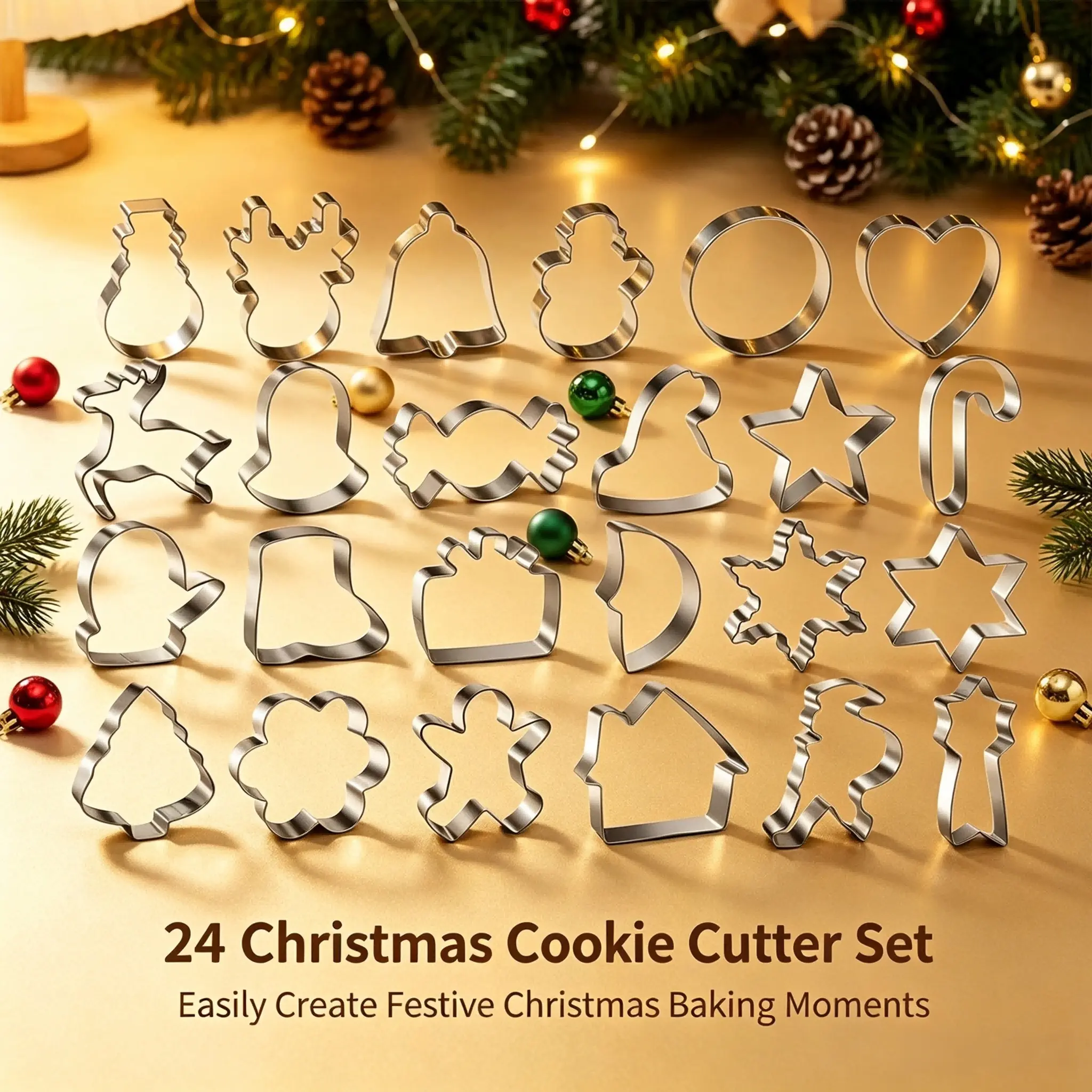 24 Piece Christmas Cookie Mold Set, Food Grade Steel, Smooth Edges, Easy Release, Perfect for Holiday Baking, Home Use, Party Snacks