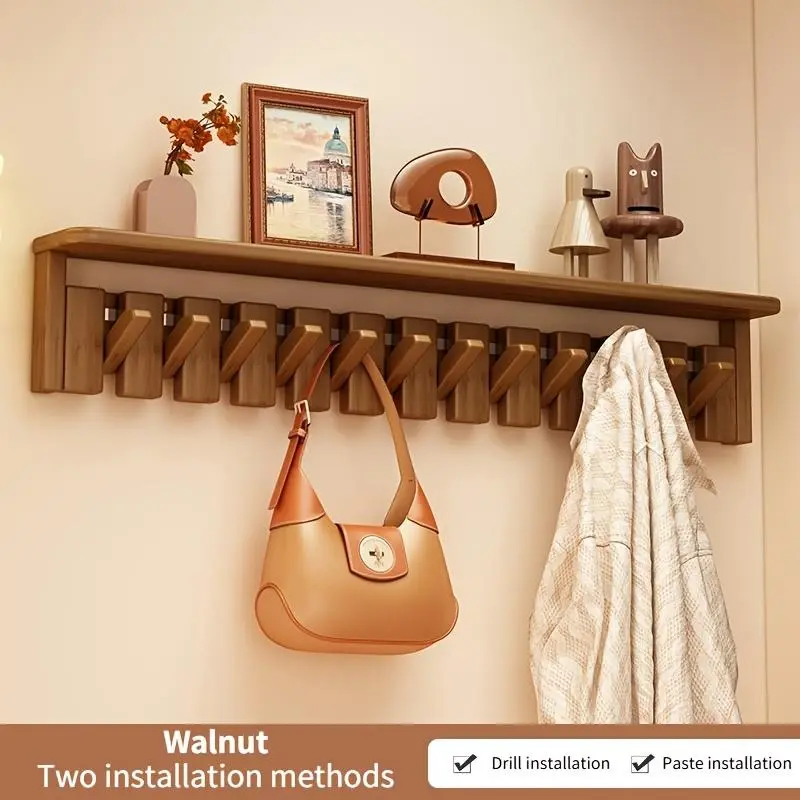 Wall-mounted clothes rack for home use available in options for drilling or adhesive installation, solid wood clothing storage rack, compact and space-saving, creative wall-mounted clothes rack, suitable for living rooms, bedrooms, hallways, and entryways