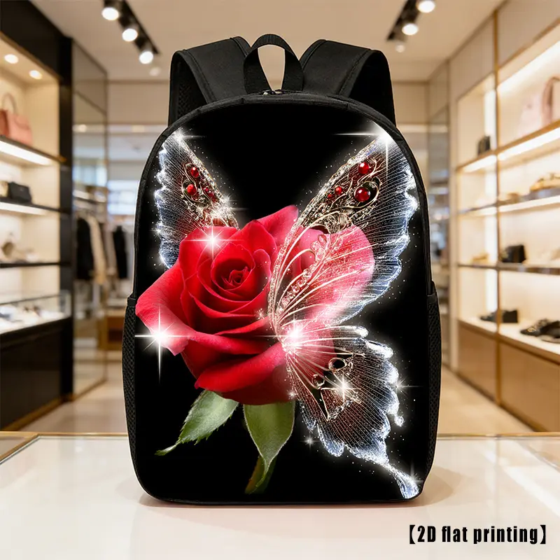 Unisex Geometric Glowing Rose Wing Print Backpack - Large-Capacity Lightweight Laptop Bag with Adjustable Straps, Zip Closure, Frame for Hiking, Commuting