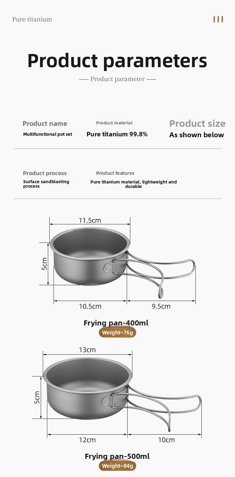 Pure Titanium Camping Cookware Set Foldable Lightweight Outdoor Pot Pan for Backpacking Hiking Picnic Cooking with Soup Frying Pot