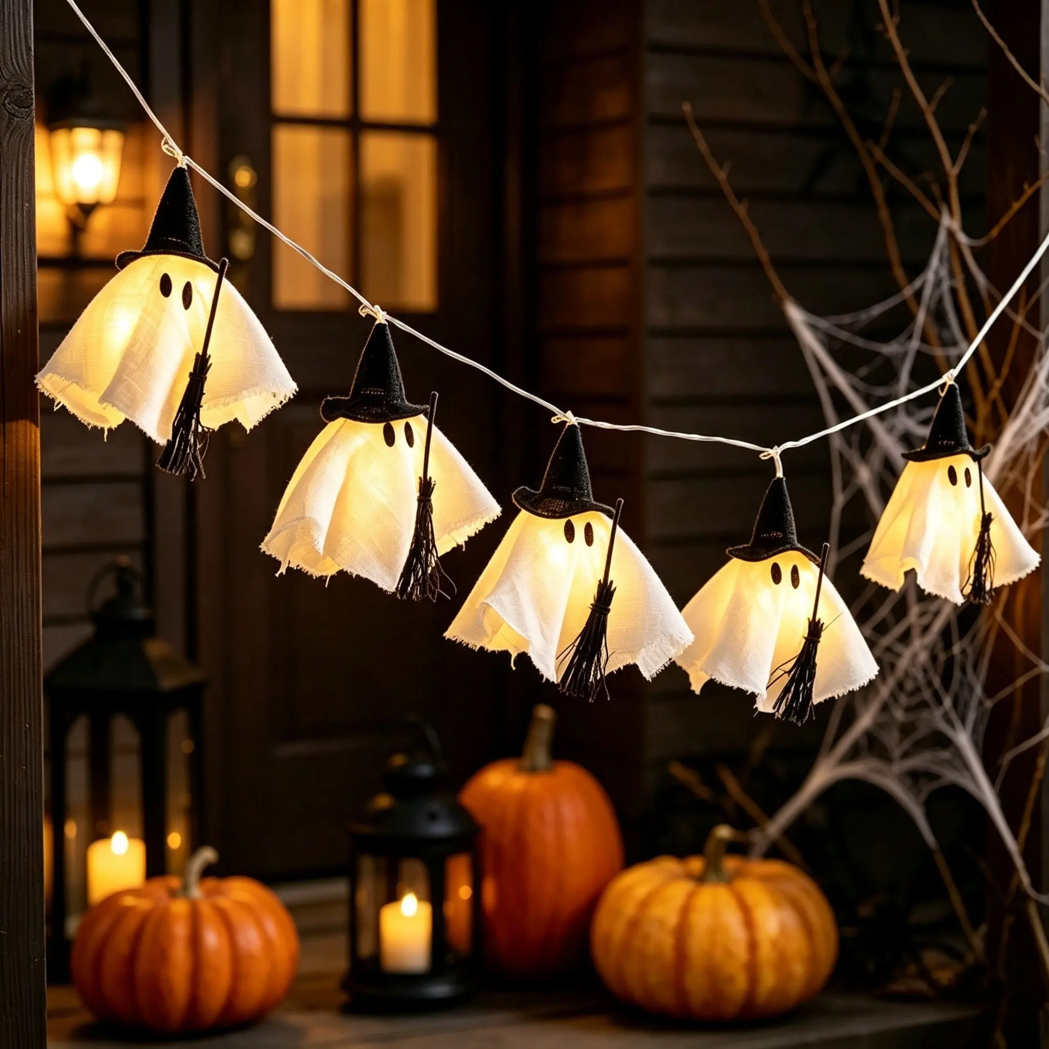 1PC Halloween Spooky Ghost String Lights with Witch Hat and Broom, Hanging Decorative Lights for Indoor & Outdoor Parties, Halloween Decorations Outdoor, Outdoor Party Decorations, Fall Decor