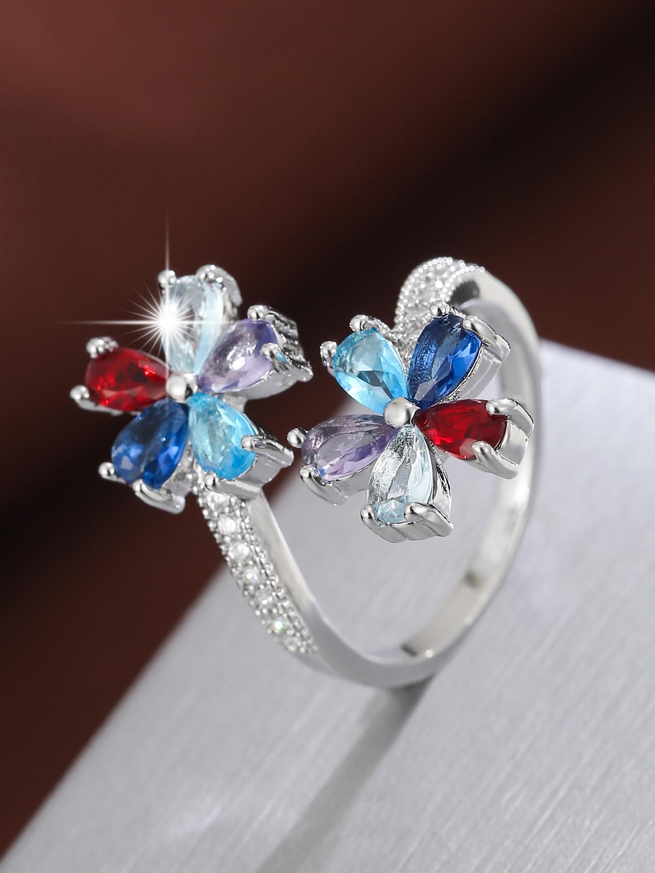 A fresh floral design with an artificial zircon opening for adjustable ladies' rings Cubic Zirconia Rings