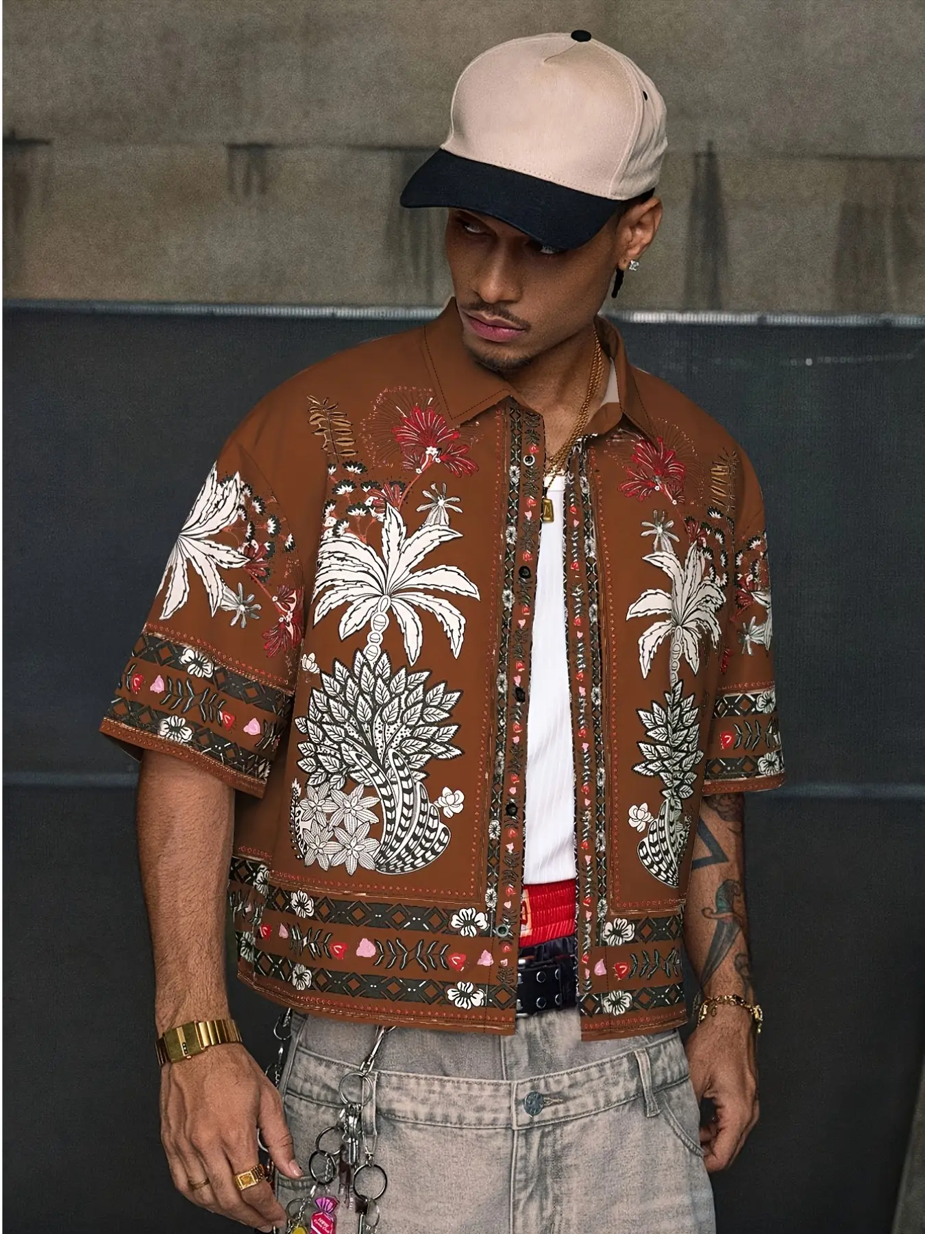 Men Chocolate Brown Cropped Short Sleeve Button Down Shirt Oversized Resort Blouse Full All Over Vintage Palm Tree Peacock Floral Batik Print Ethnic Geometric Border Trim Point Lapel Black Full Buttons Lightweight Breathable Quick Dry Woven Casual Top Y2K