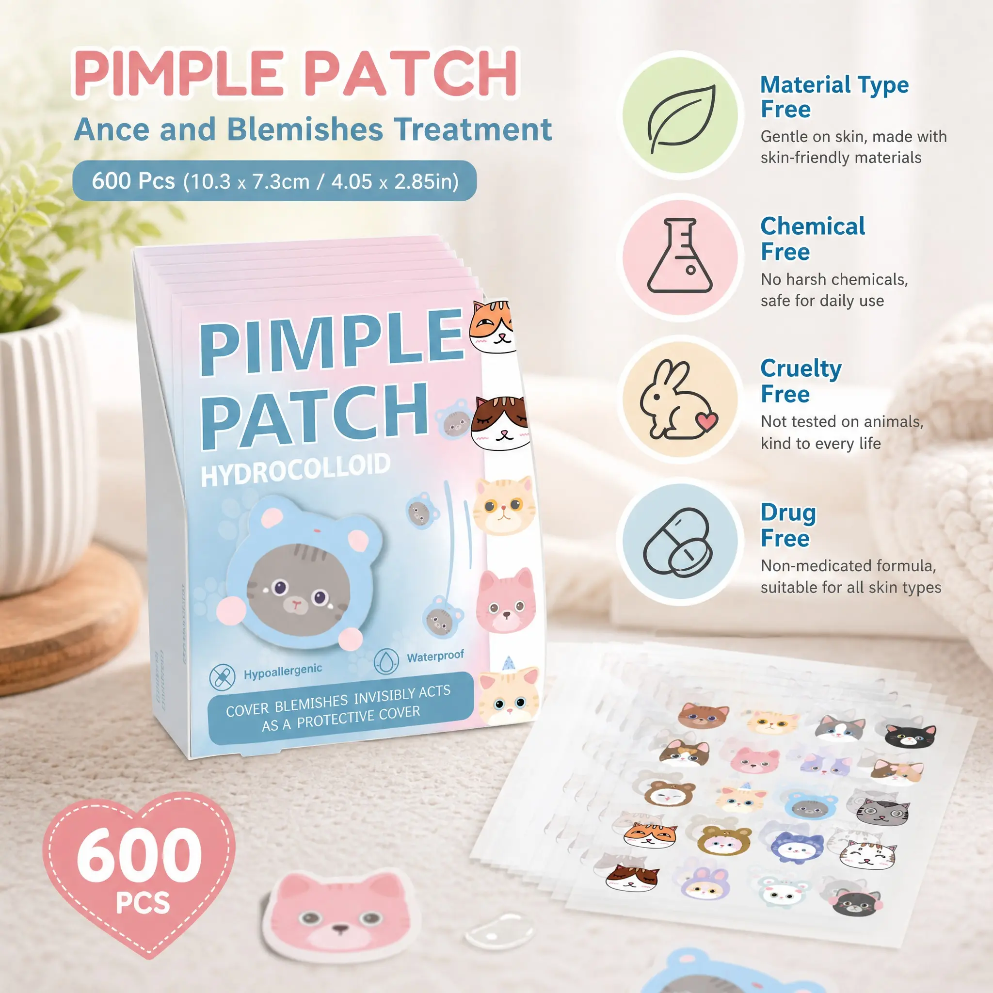 Cute Cat Pimple Patches (600 Pcs), Hydrocolloid Acne Absorbing Stickers, Invisible & Waterproof, for All Skin Types