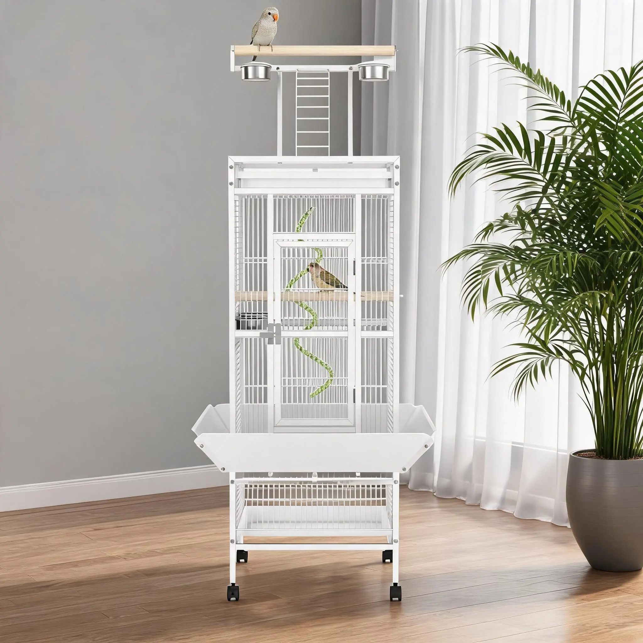 60" White Bird Cage with Playtop & Rolling Stand – 18.5"×18.5"×60", 4 Bowls & 3 Perches – for Cockatiels, Conures, Parakeets & Lovebirds
