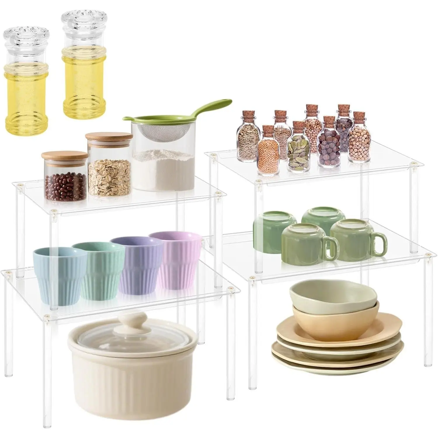 Cabinet Organizer, 4  Rack Organizer for Cabinet, 2 Large & 2 Small Stackable Shelves with  Jars, Kitchen Storage,  & Desk Countertop Shelf Organizer(COLOR:Clear)