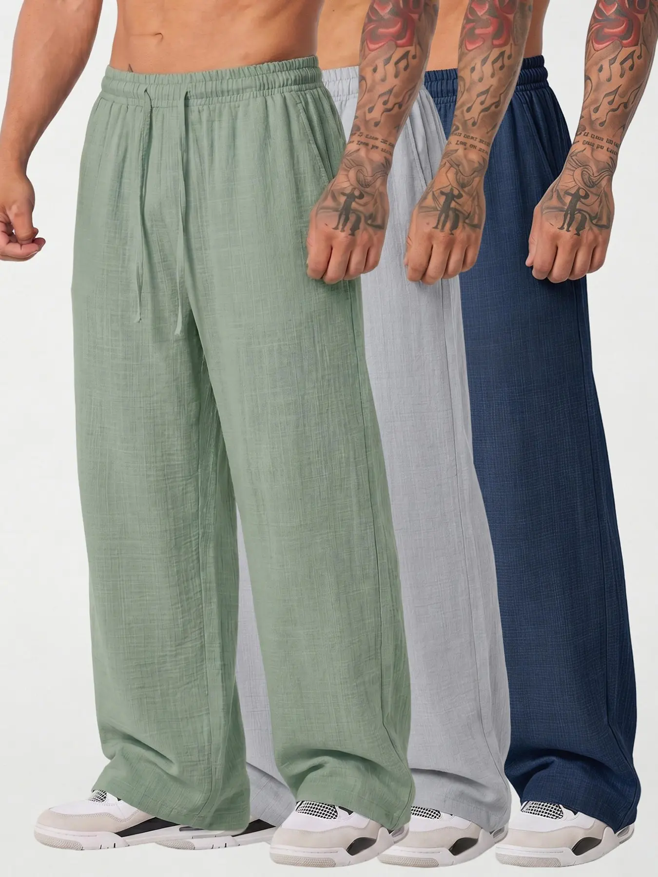 3-Pack Men's Lightweight Linen-Style Wide-Leg Pants, Breathable and Comfortable, Elastic Waist, Casual Summer Vacation Style
