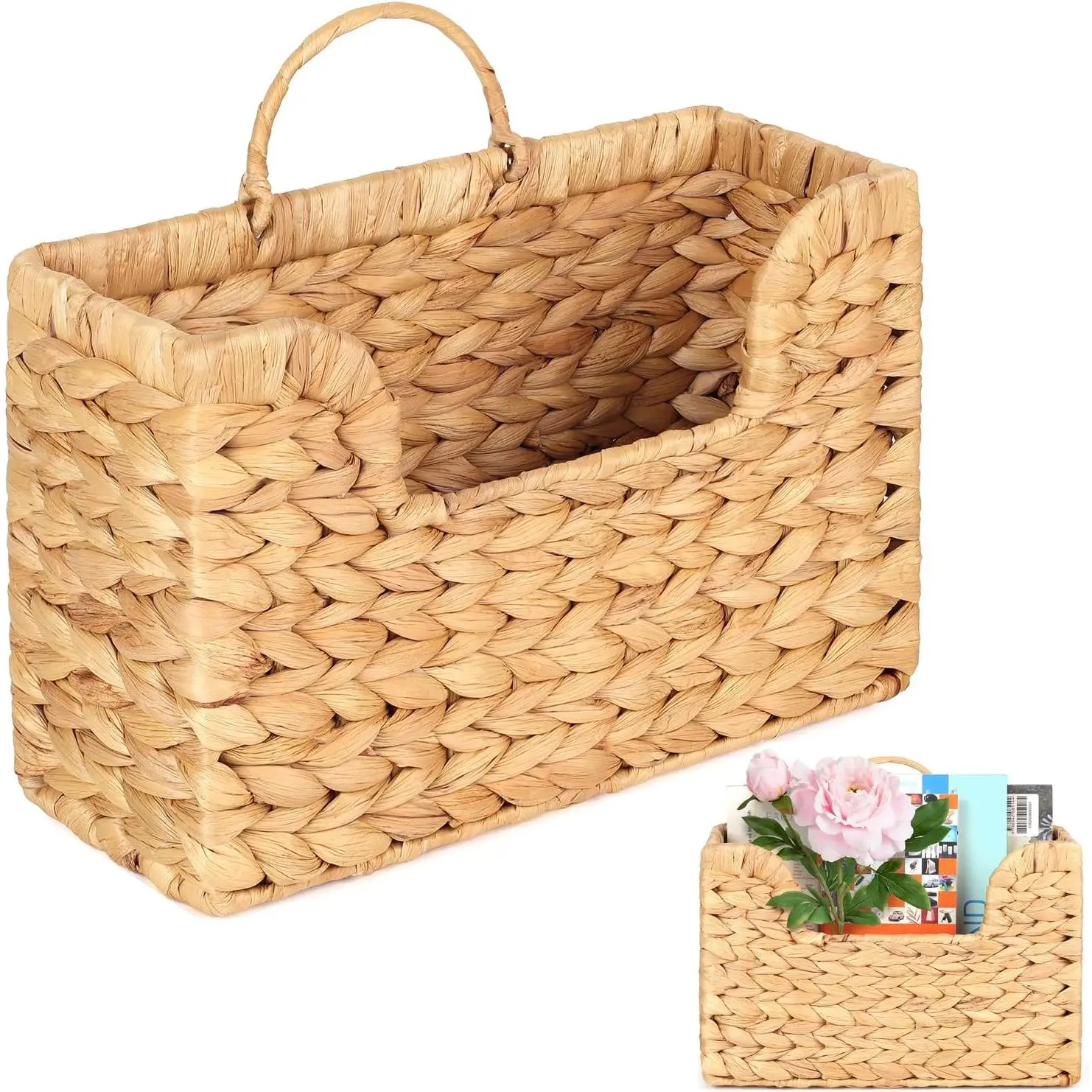Handwoven Natural Water Hyacinth Wall Magazine Holder - Natural Color, Hangable, Multifunctional, Open-Top, Health-Safe, Stand Freely, Home Supplies, Office Decor, Desk Countertop Organizer for Magazines, Mail, Files, Boho Entryway Storage Basket, Durable