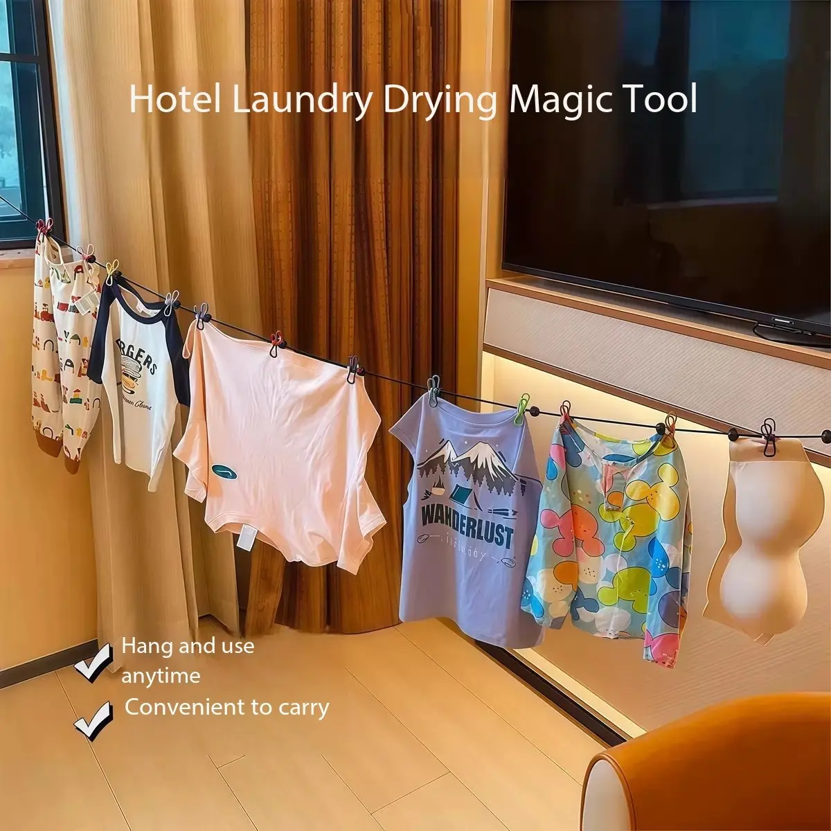 1-Piece Elastic Retractable Camping Clothesline with 12 Clothespins Portable Travel Clothing Line for Outdoor Camping Hotel Rooms Home Drying Camping Accessories