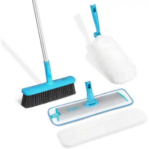 Easy-Click  Cleaning Supplies Set - Dust Broom & Flat Mop Kit for Floor Cleaning, Wall, Ceiling, & Floor Duster, Adjustable Handle, Interchangeable Heads, Washable Pads, No Refills Needed