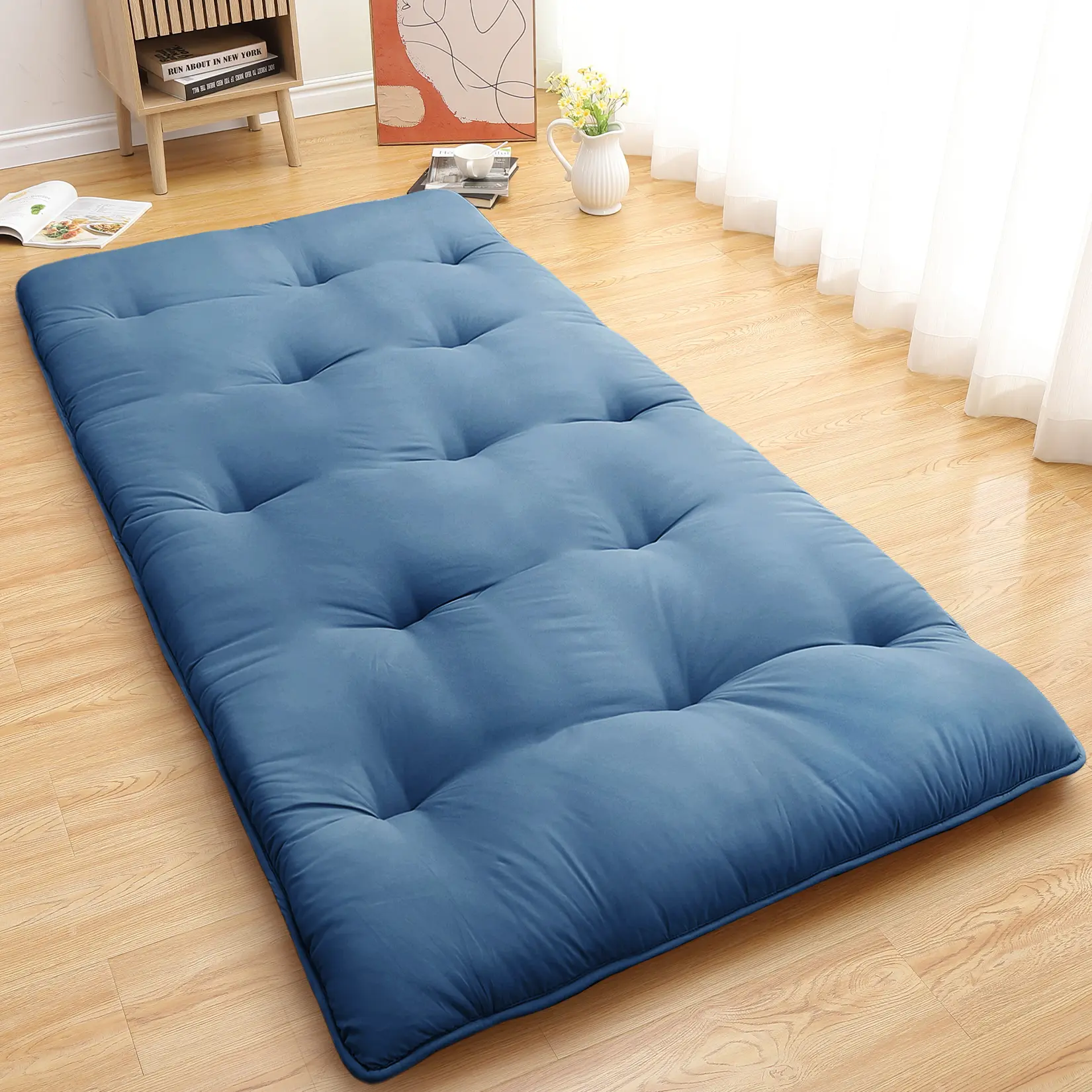 Comfortable collapsible Japanese Futon Floor Mattress – Tatami Roll Up Bed for Bedroom, Guest Room, Dorm, RV – Portable, Supportive, Ideal for Travel – Twin/Full Size, Black & Navy Blue