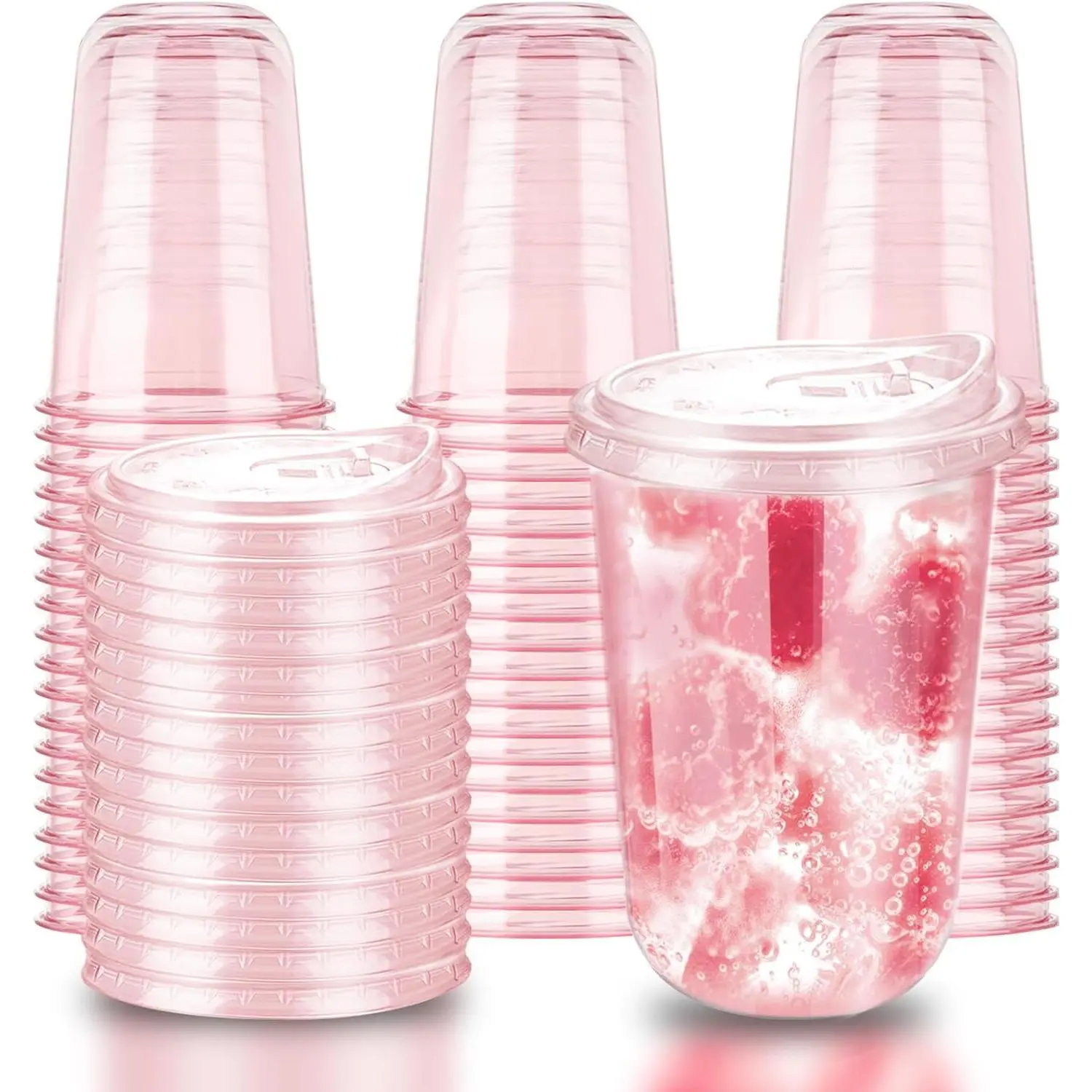 50 Sets 16oz Disposable Pink Iced Coffee Cups with Lids and Straws, PET Clear Cold Drink Cups for Smoothie, Juice, Cafe, Party