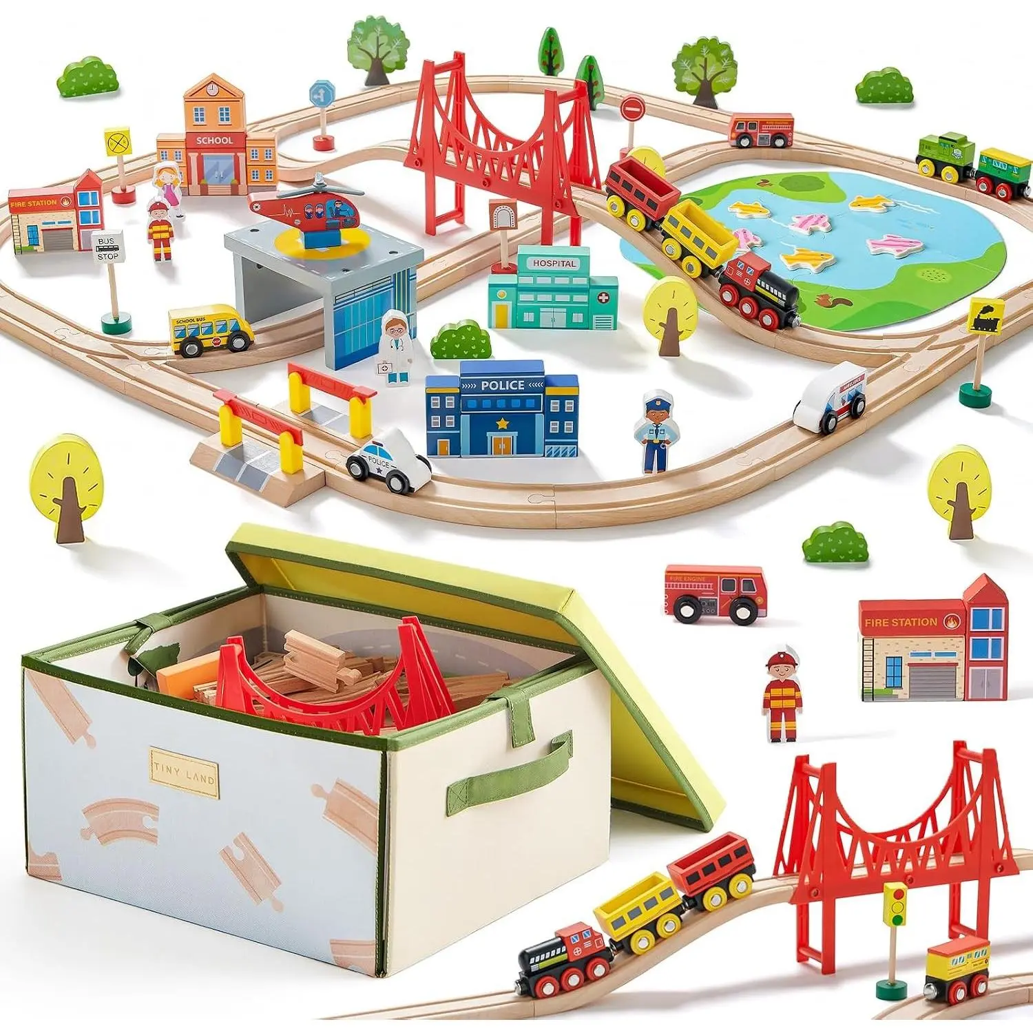 110pcs Wooden Train Set with Folding Storage Box, Wooden Train Track Toy for Kids Ages 3-7, Includes Character Figures for Imaginative Play