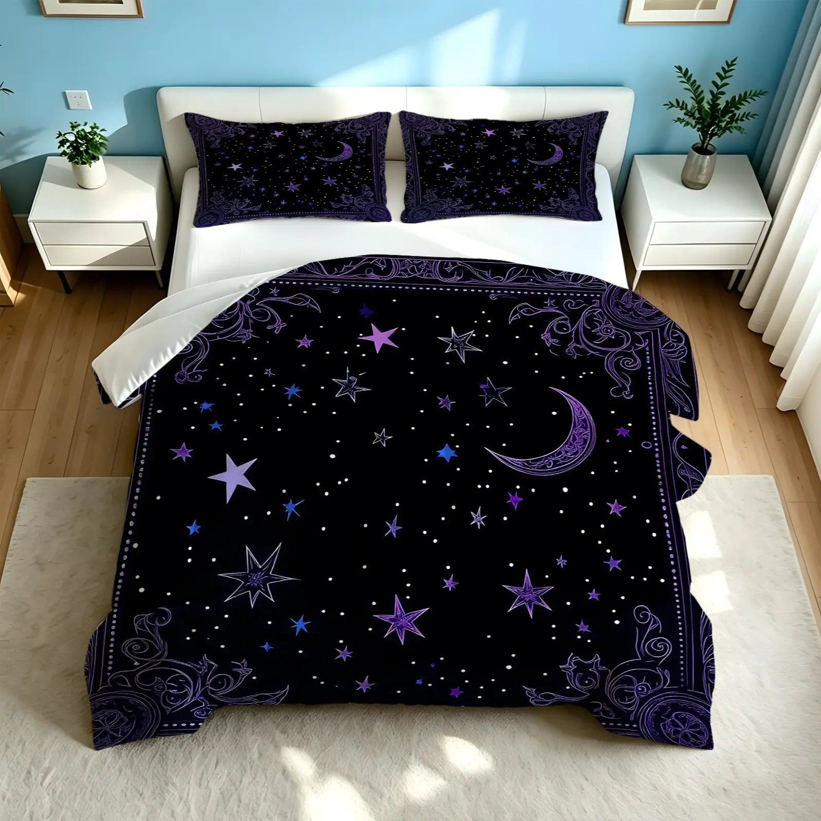 2/3pcs Mystic Celestial Moon Star Digital Print Comforter Set, Soft Lightweight Quilt Bedding Set with Matching Pillowcase, Bohemian Galaxy Astrology Design, Wrinkle Resistant All Season Bed Decor for Teens Adults Bedroom, Machine Washable Home Sleeping B