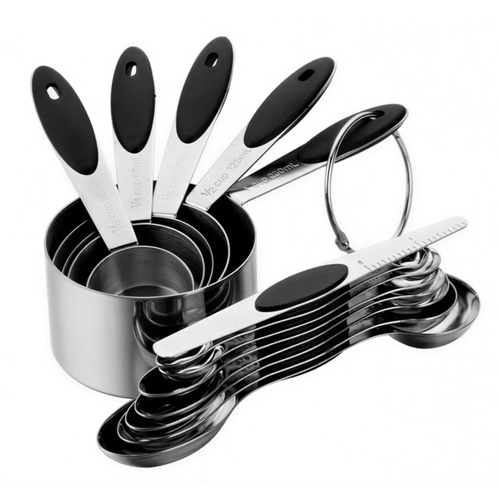 13-Piece Stainless Steel Measuring Cups & Spoons Set – Black Non-Slip Handles – Nesting Design – Engraved Metric & Imperial Measurements – Dishwasher Safe Kitchen Scale Tool Kit for accurate Cooking, Baking & Seasoning