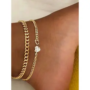 Layered Gold Silver Cuban Link Anklet for Women, Iced Out Foot Chain with Heart Cubic Zirconia, Dainty Stacked Ankle Jewelry, Stylish Accessory for Summer Beach, Ideal Gift for Ladies