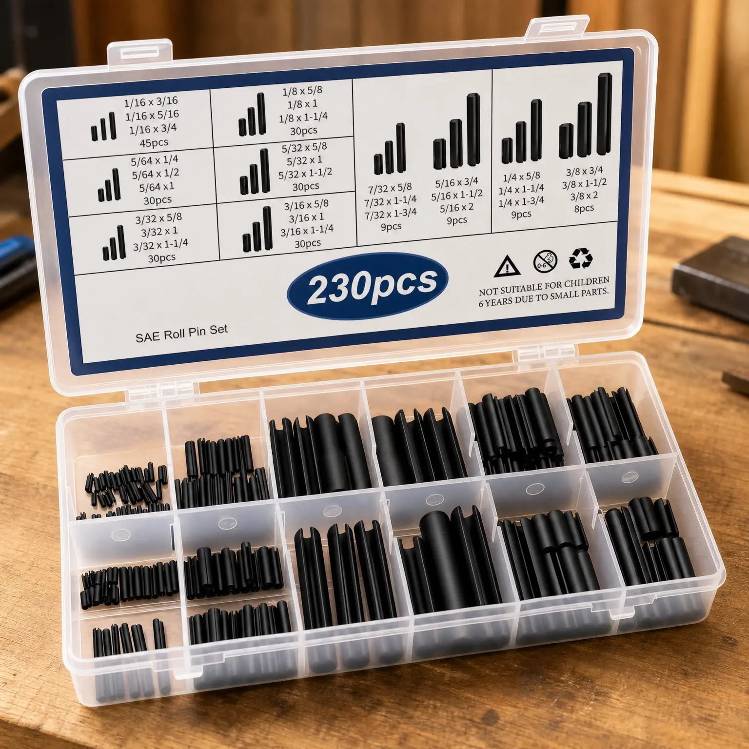 230Pcs SAE Roll Pin Assortment Set - Slotted Spring Pins Steel Split Expansion Pins, 10 Sizes 1/16" to 3/8" for Home Improvement & Automotive RepairGift