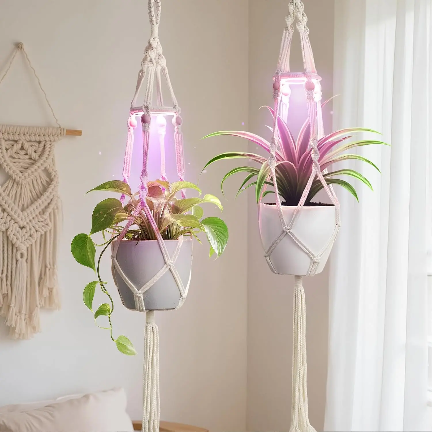 2-Pack Macrame Plant Hangers with Grow Light, Synthetic Rope Boho Decor, 10 Brightness Levels, 3 Light Modes, 3/9/12H Auto Timer, Fits 5-9 in Pots, Supports Indoor Potted Plants (Pots Not Included)
