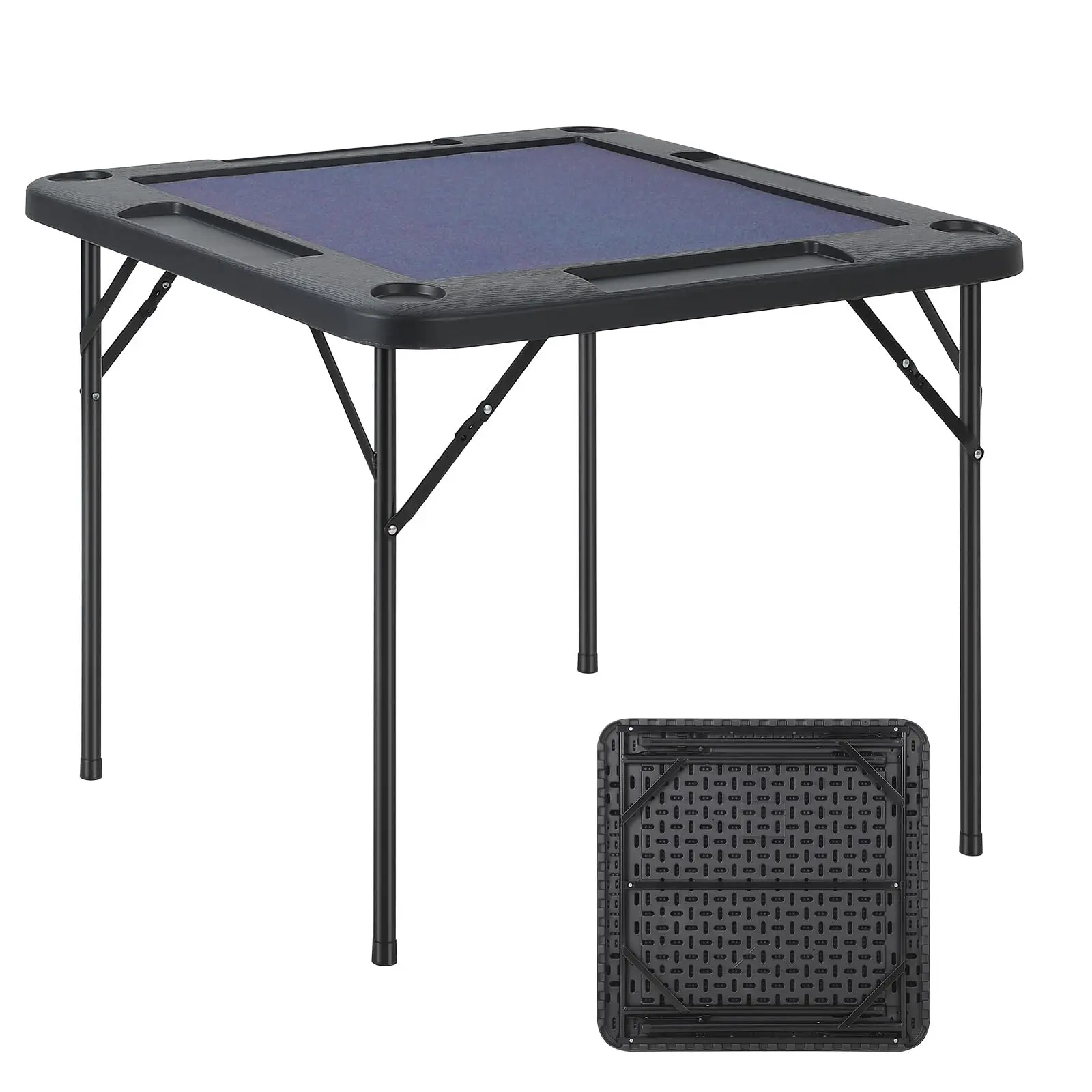 Folding Square Mahjong Game Table for 4 Players - Blue Felt Top - Cup Holders & Chip Tray - Portable Collapsible Card/Poker/Domino Game Desk