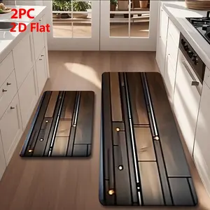 2/3 Piece Flannel Kitchen Mat Set, Modern Geometric Metal Line Mats, Non-Slip, Absorbent, Home Decor