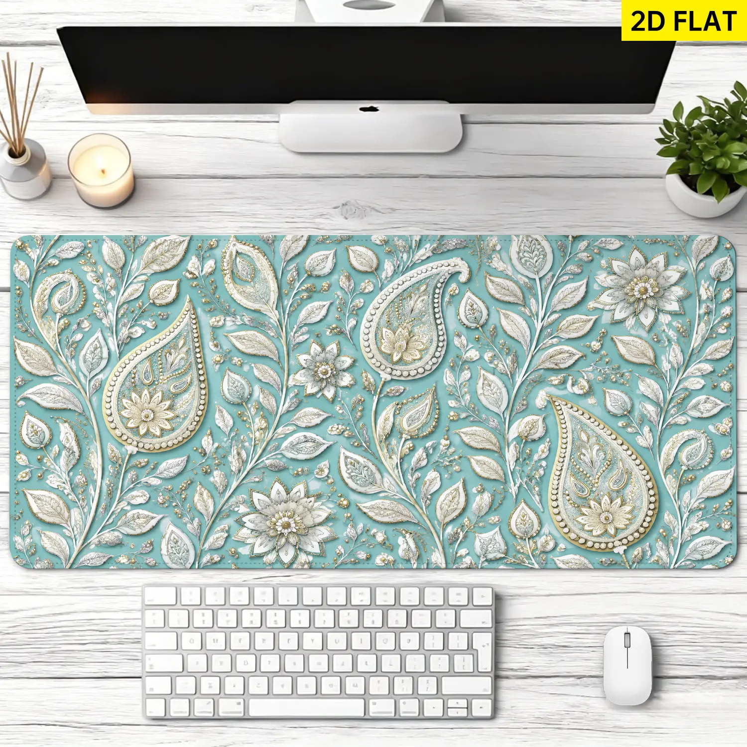 Extra Large Turquoise Paisley Floral Pattern Mouse Pad,Non Slip Rubber Pad,Desktop Decoration Drotection Pad,Washable,Lock Edge Multi Size,Premium Multipurpose Mousepad For Home,Office,Gift for Family and Friends