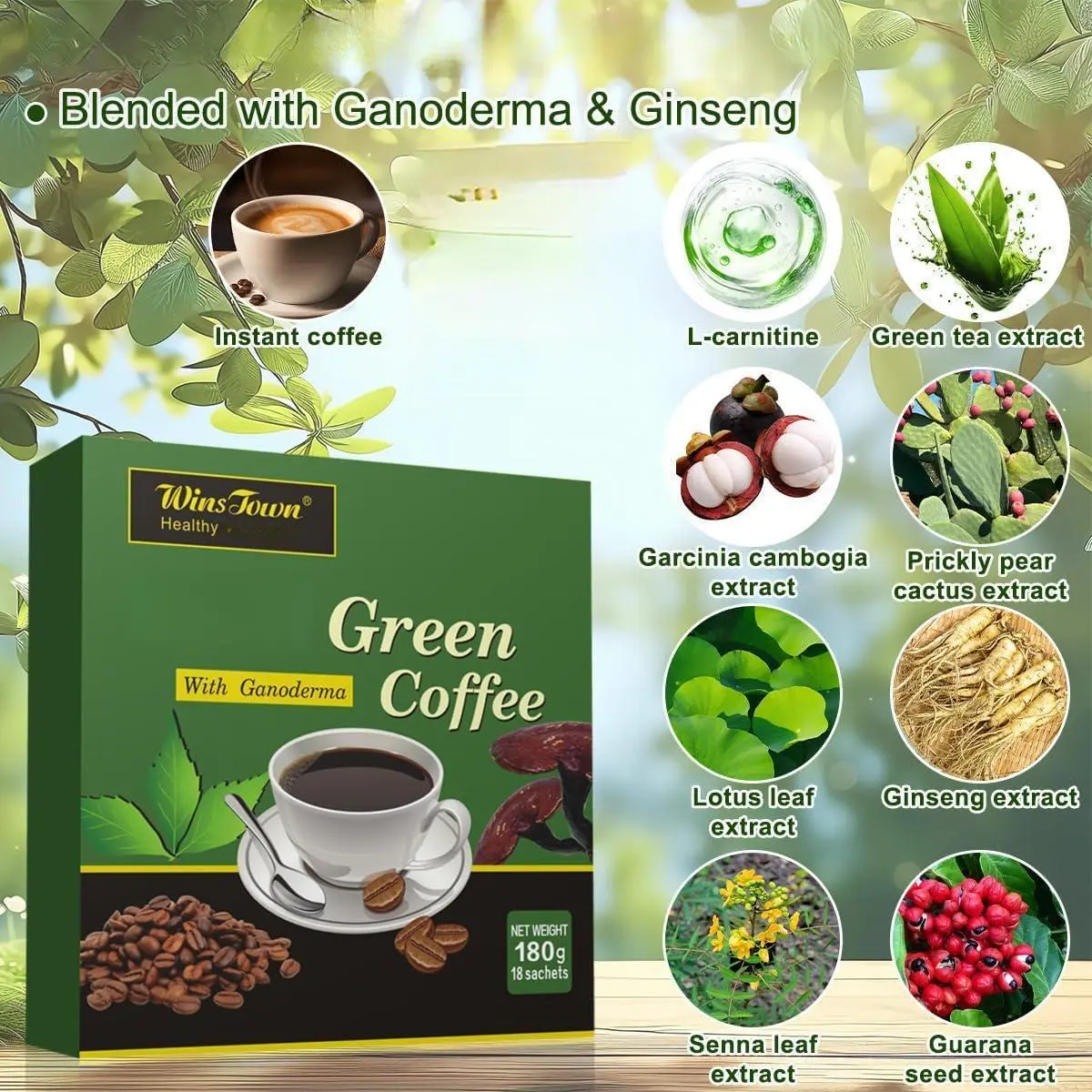 Wins Town Green Coffee Reishi Blend - Gluten Free Instant Beverage, 180g (18 Sachets)