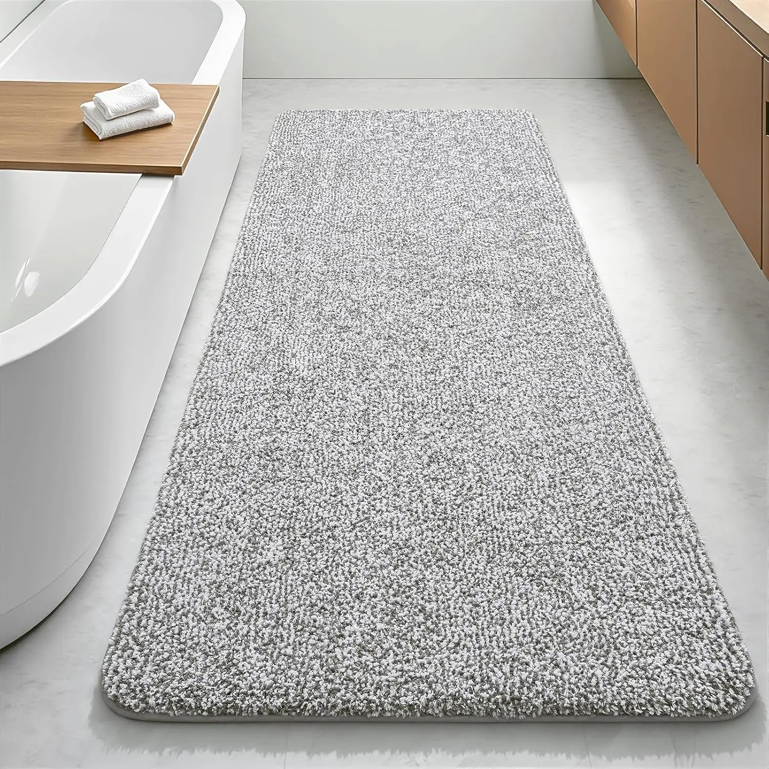 Bathroom Runner Rug 24x60 Inch, Soft Absorbent Long Bathroom Rug for Shower Floor, Non Slip Washable Bath Rugs, Plush Thick Microfiber Large Bath Mat for Tub Double Sink Vanity, Light Grey and White
