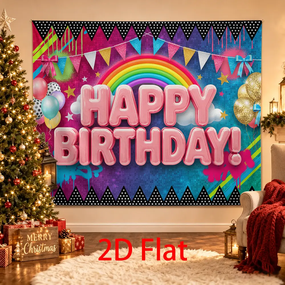 Neon Rainbow Birthday Backdrop with Balloons, Bunting and Colorful Party Decor