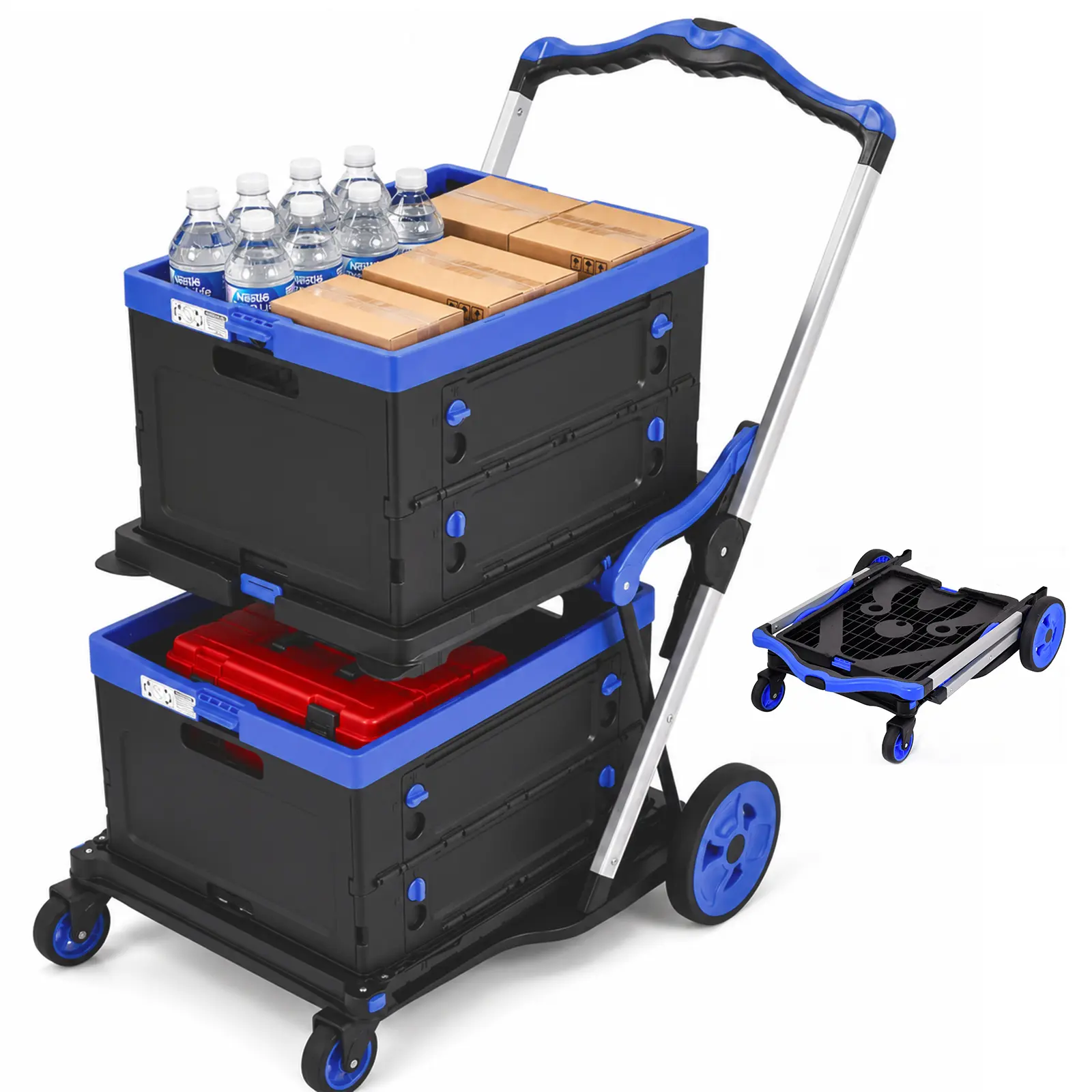 Foldable Shopping Cart 2 Tier 200 LBS Capacity Heavy Duty Grocery Cart With 360 Degrees Braked Swivel Wheels for Home Office Warehouse Supermarket