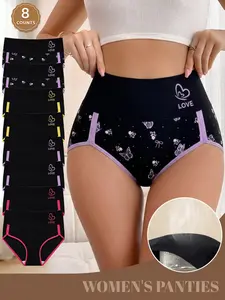 8-Pack Mei Yating High-Waisted Triangle Underwear, S-Xxl, Colorblock Trim, Love Print, Soft Breathable, Stretchy, Curvy Fit, Daily Wear
