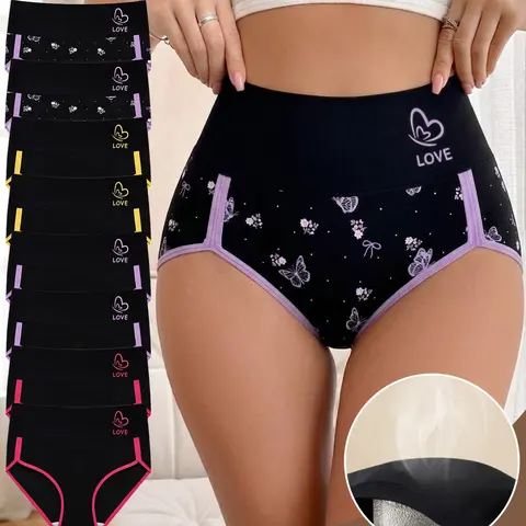 8-Pack Mei Yating High-Waisted Triangle Underwear Panties, High Rise Panties, S-Xxl, Colorblock Trim, Love Print, Soft Breathable, Stretchy, Curvy Fit, Casual Daily Wear