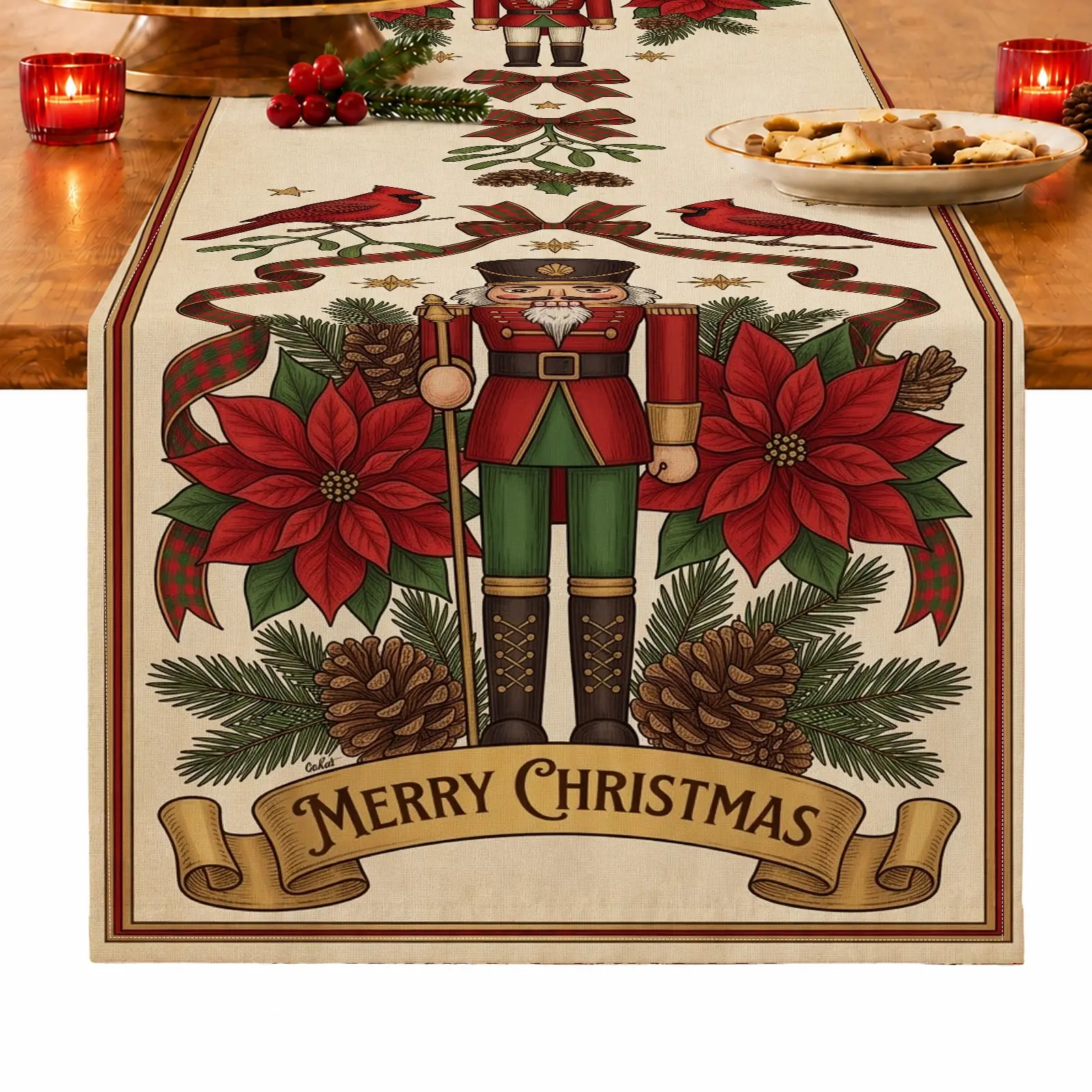 1pc Nutcracker Poinsettia Pinecone & Cardinal Table Runner, Vintage Christmas Style, for Dining Table, Kitchen, Dining Room & Home Decor, Christmas Table Decoration and Festive Home Decor