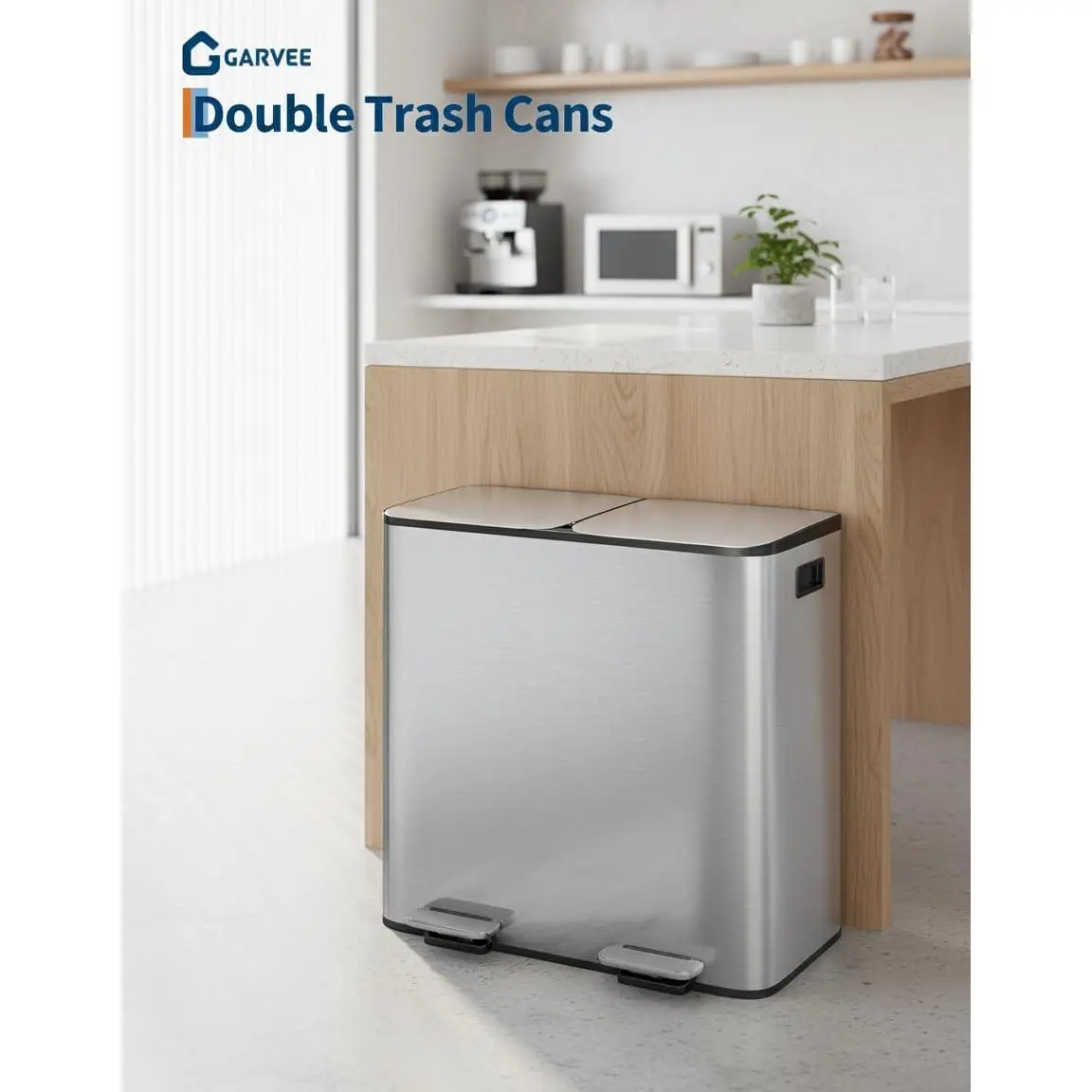 Garvee Dual-Compartment Stainless Steel Kitchen Trash Can Set - 30L+6L (8+1.6 Gal) Step Pedal Bin with Soft-Close Lid, Removable Inner Buckets, Trash Cans for Kitchen