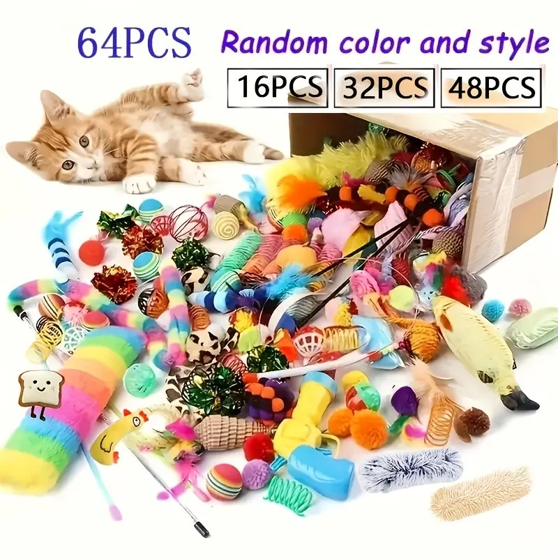 Mixed Cat Toy Set, 16/32/48/64 Pieces, Plastic Bell Balls Mouse Toys, Fun Games for Multiple Cats, No Battery Needed, Random Colors & Styles