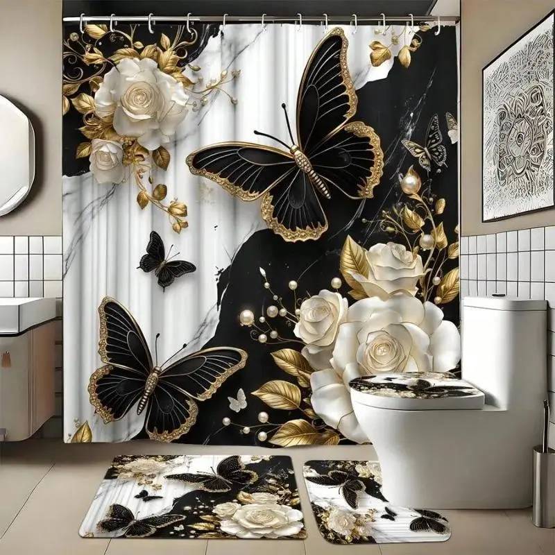 Fashion Marble Butterfly Bathroom Decor Set - 4-Piece with Cool 2D Pattern Non-3D 71x71in Polyester Shower Curtain, Anti-Slip Rugs, 12 Hooks (Bath Curtains Shower for Bathroom Use)