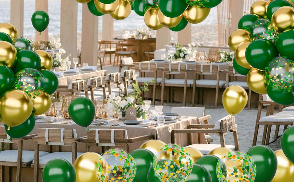 65Pcs Green Gold Balloons Set, Dark Green & Metallic Gold Balloons, Confetti Latex Balloons for Birthday, Graduation, St. Patrick's Day, Jungle Party Decorations